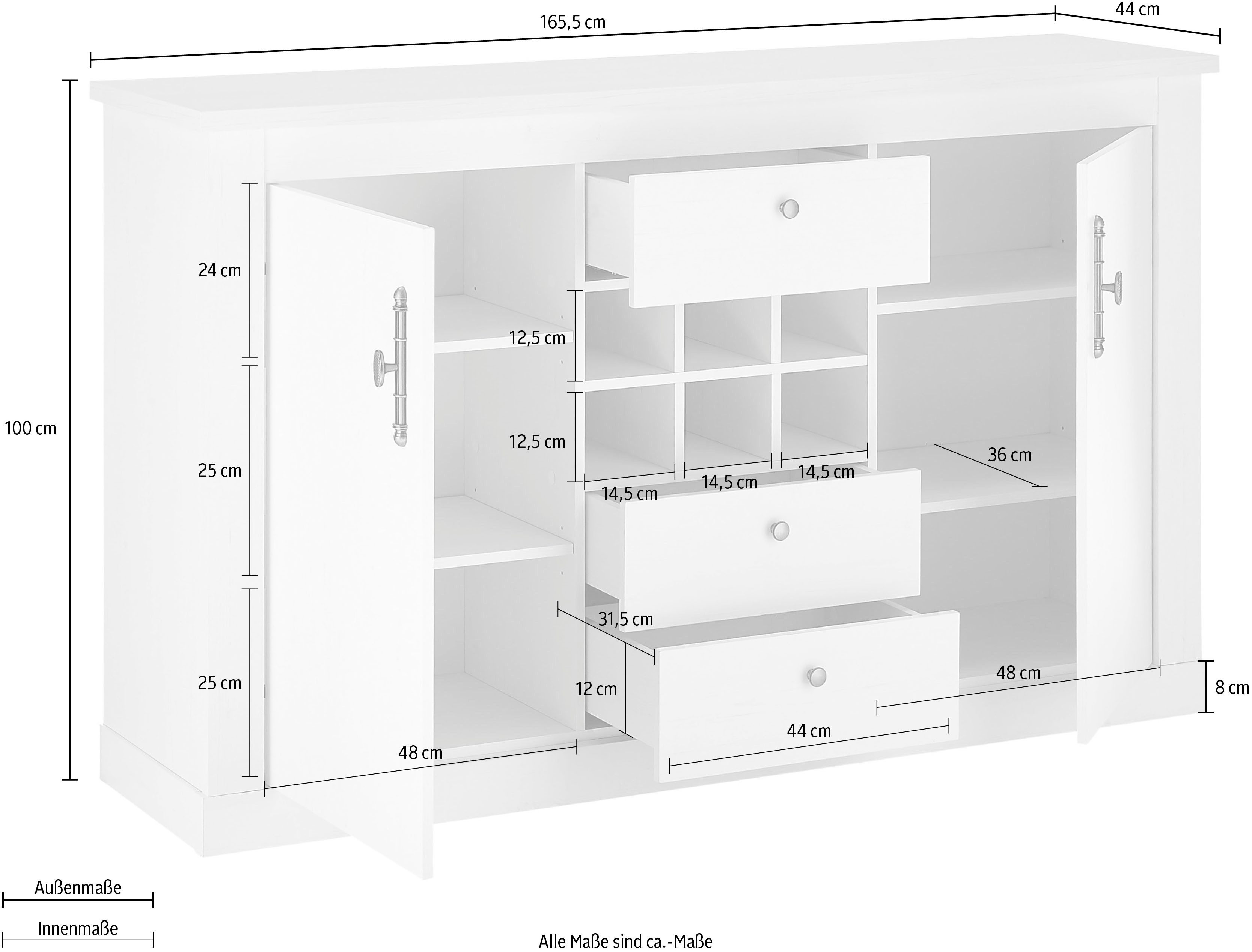 Home affaire Dressoir Ravenna in romantische landelijke stijl, grepen van metaal, breedte 166 cm