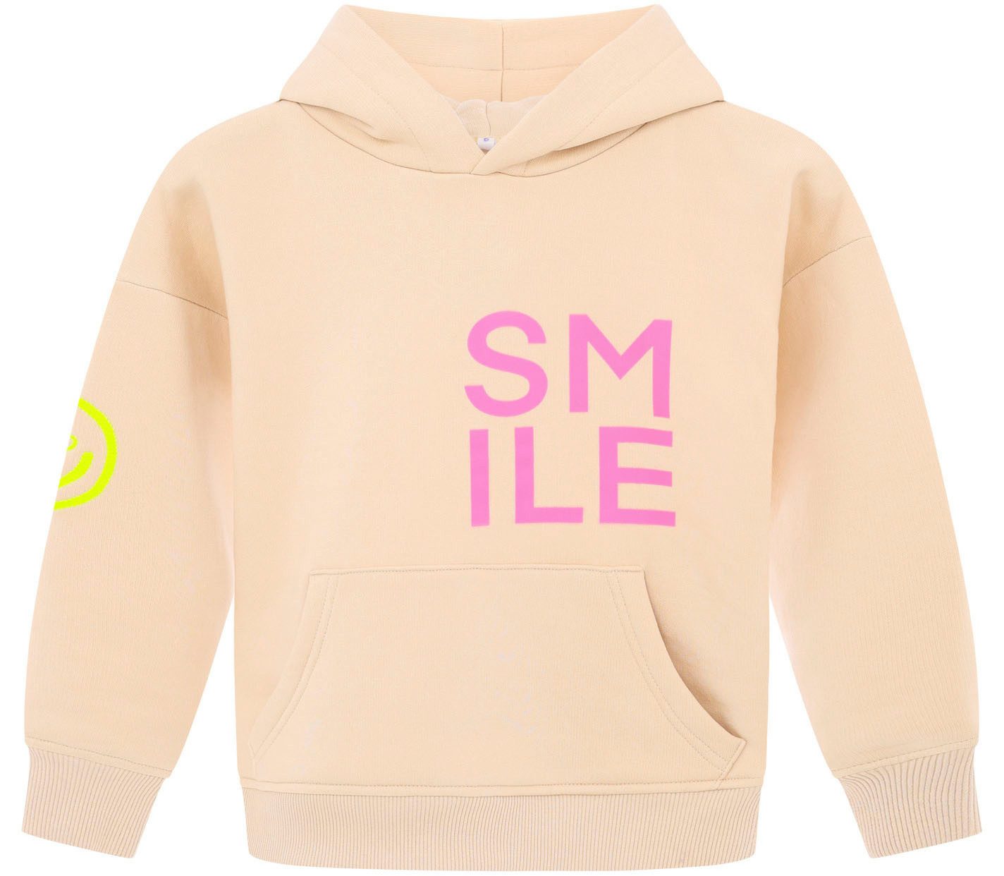 Zwillingsherz Hoodie Alissa-Kids met "smile"-opdruk in neonkleur en geborduurde smiley
