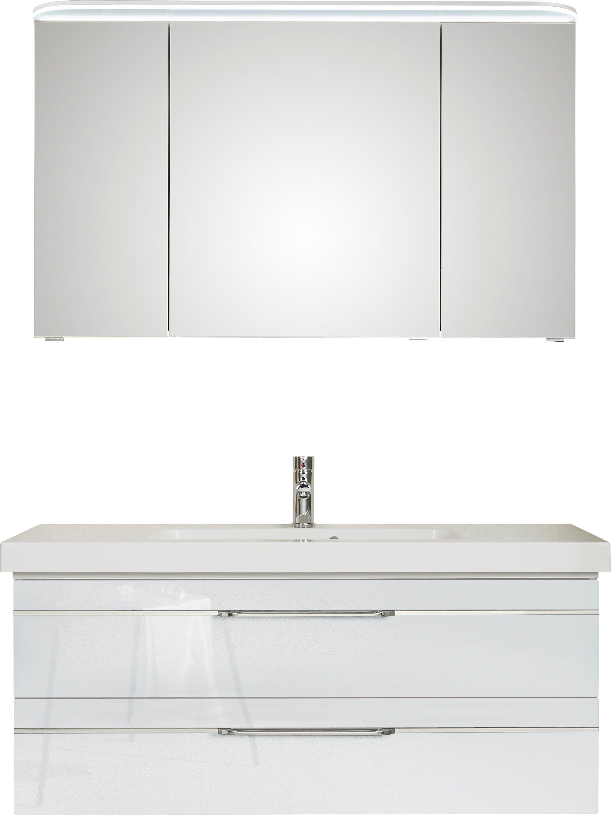Saphir Badkamerserie Balto sprint 2-delig, mineraalmarmeren wastafel met led-spiegelkast (2-delig) badmeubelsets wit