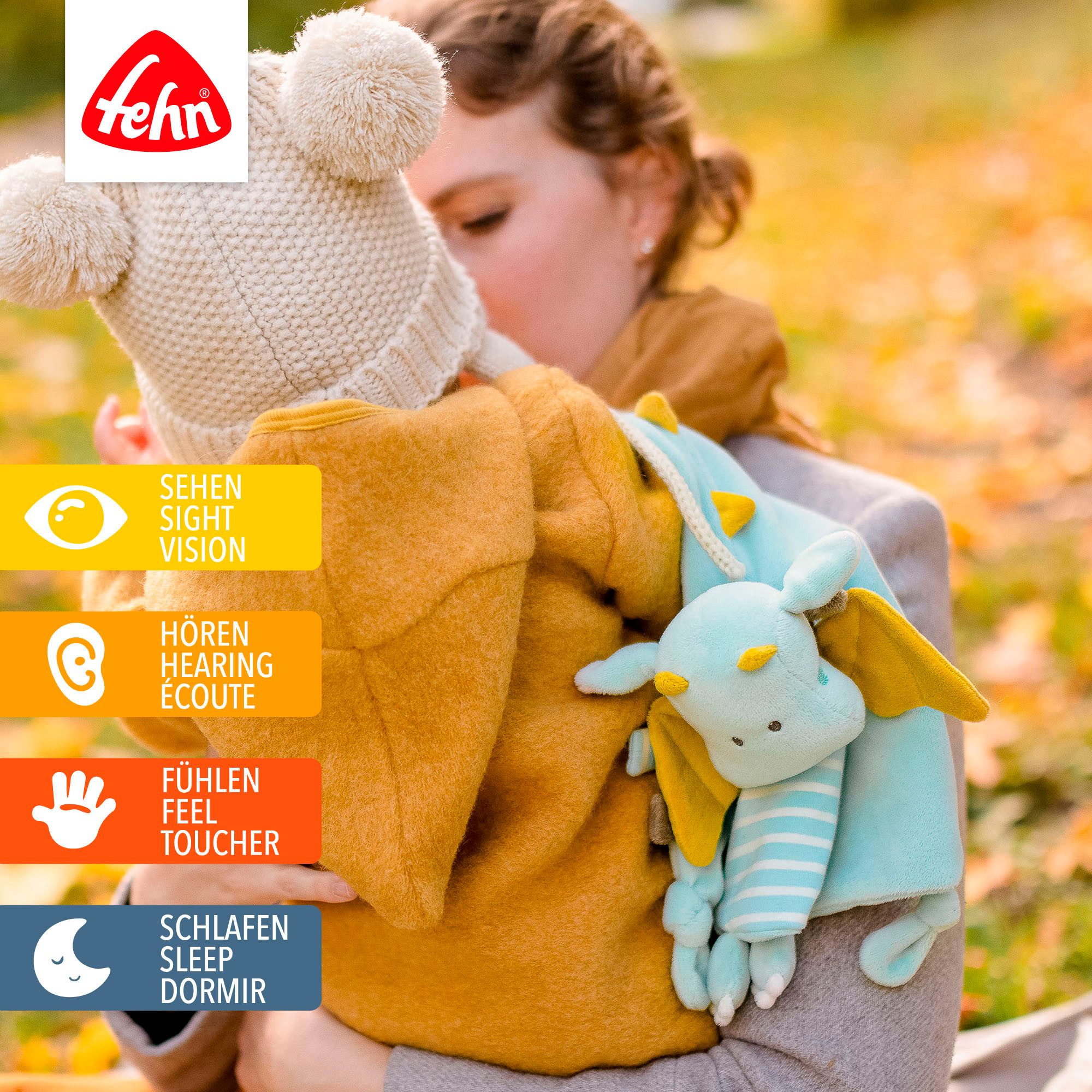 Fehn Knuffeldoek Little Castle, deluxe draak met bevestigingsring voor speen