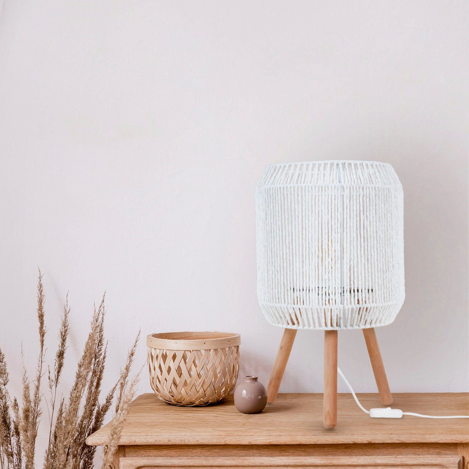 Paco Home Tafellamp Sol Boho decoratie lampenkap mand hout E27