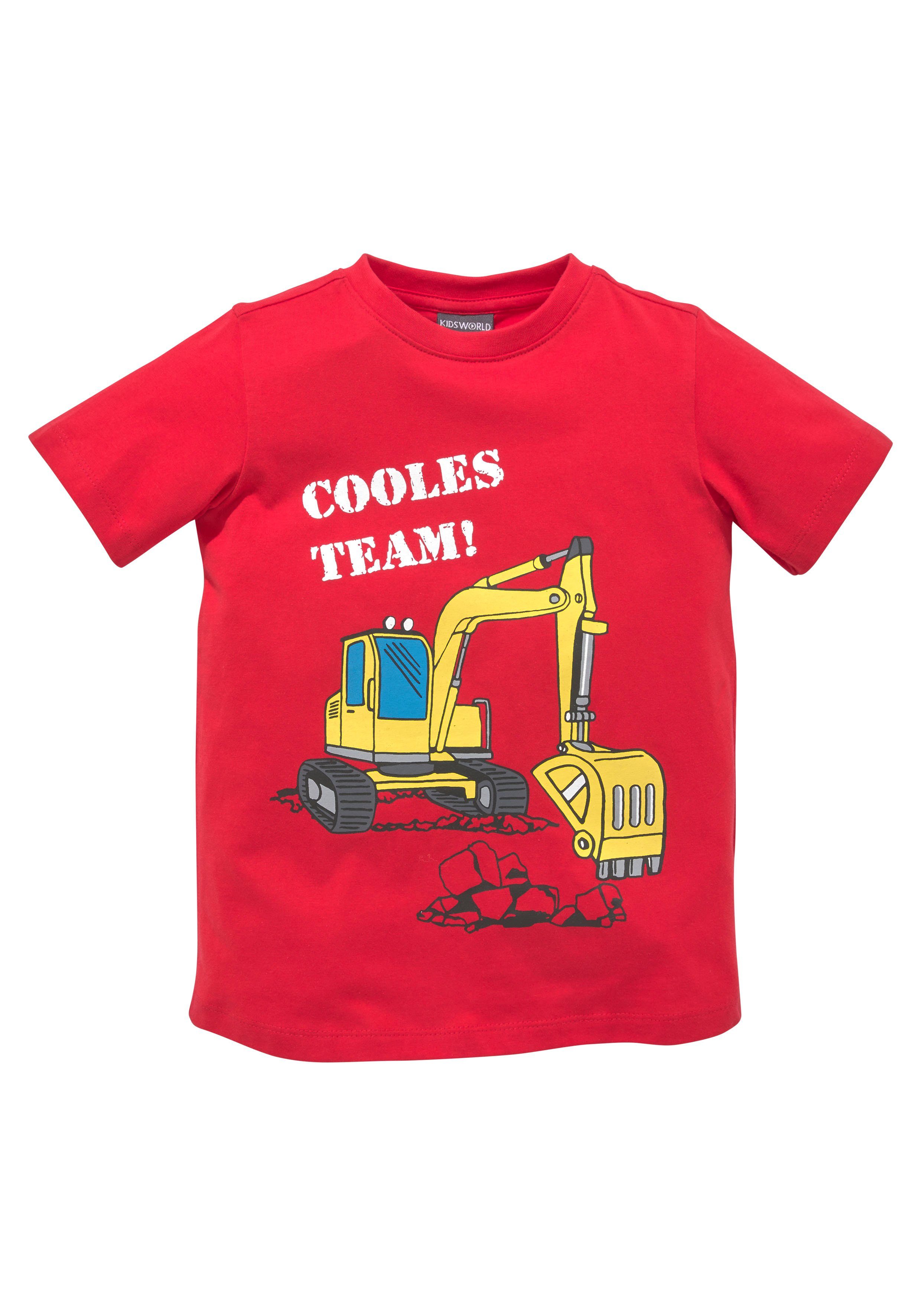 KIDSWORLD T-shirt Met graafmachine-print Korte mouwen, met vrolijke print, met ribboord aan de hals