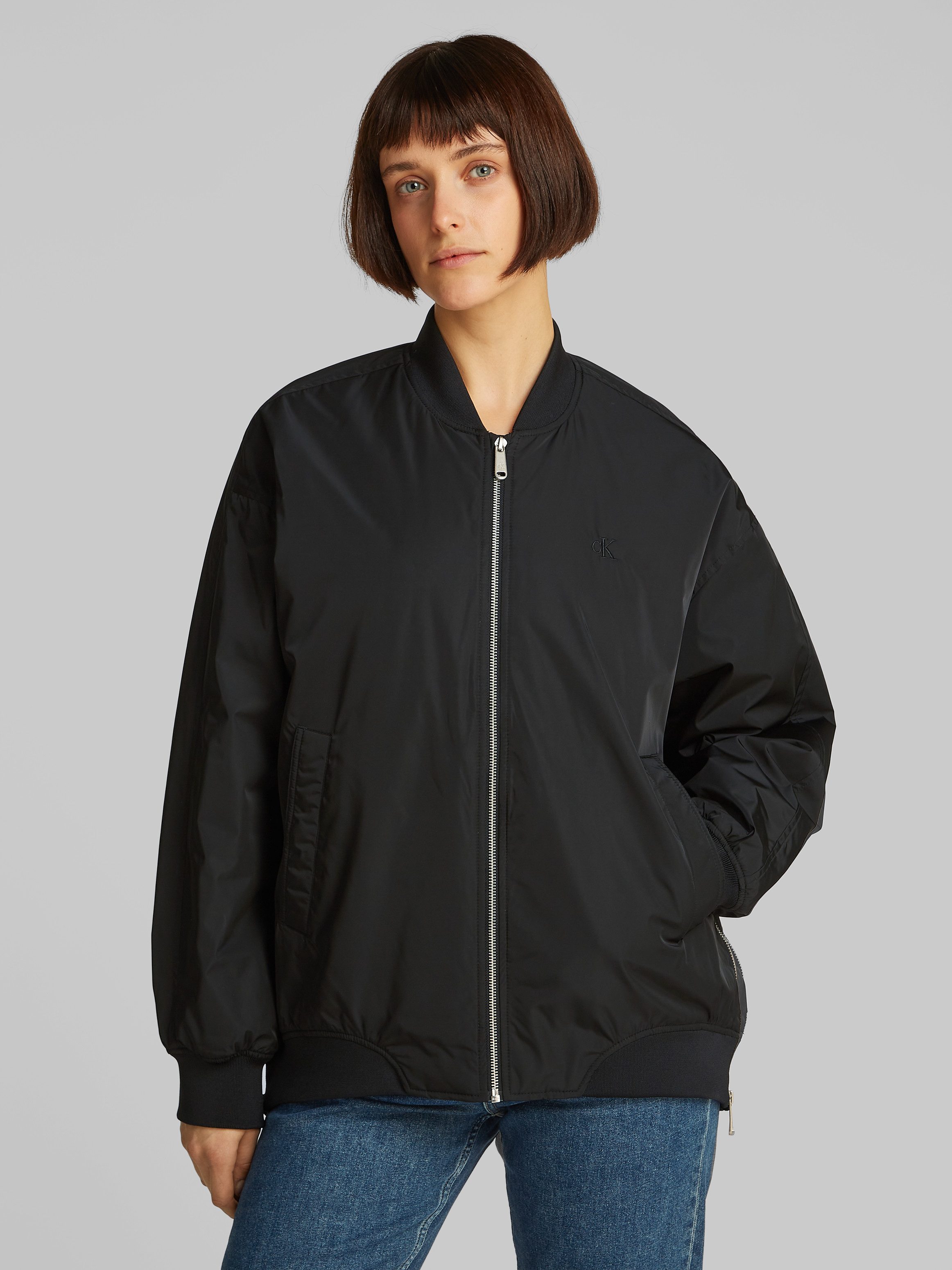 Calvin Klein Bomberjack LONG BOMBER met logo-opdruk, tailleafsluiting versmald door elastiek