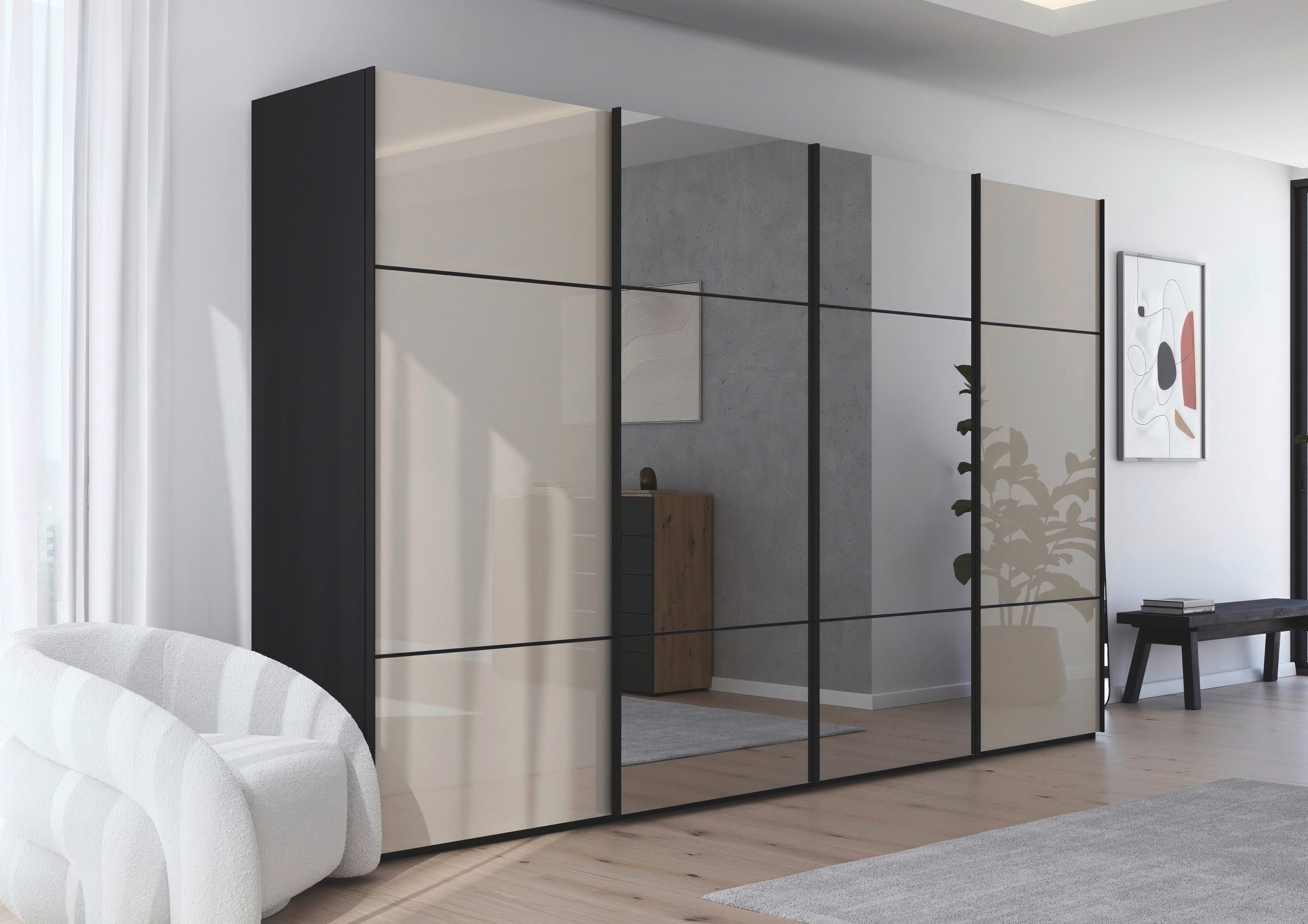 rauch Schuifdeurkast Kledingkast kast garderobe slaapkamerkast SCALE-TRIO edel drievoudig front met 2 sierlijsten spiegel/glas made in germany