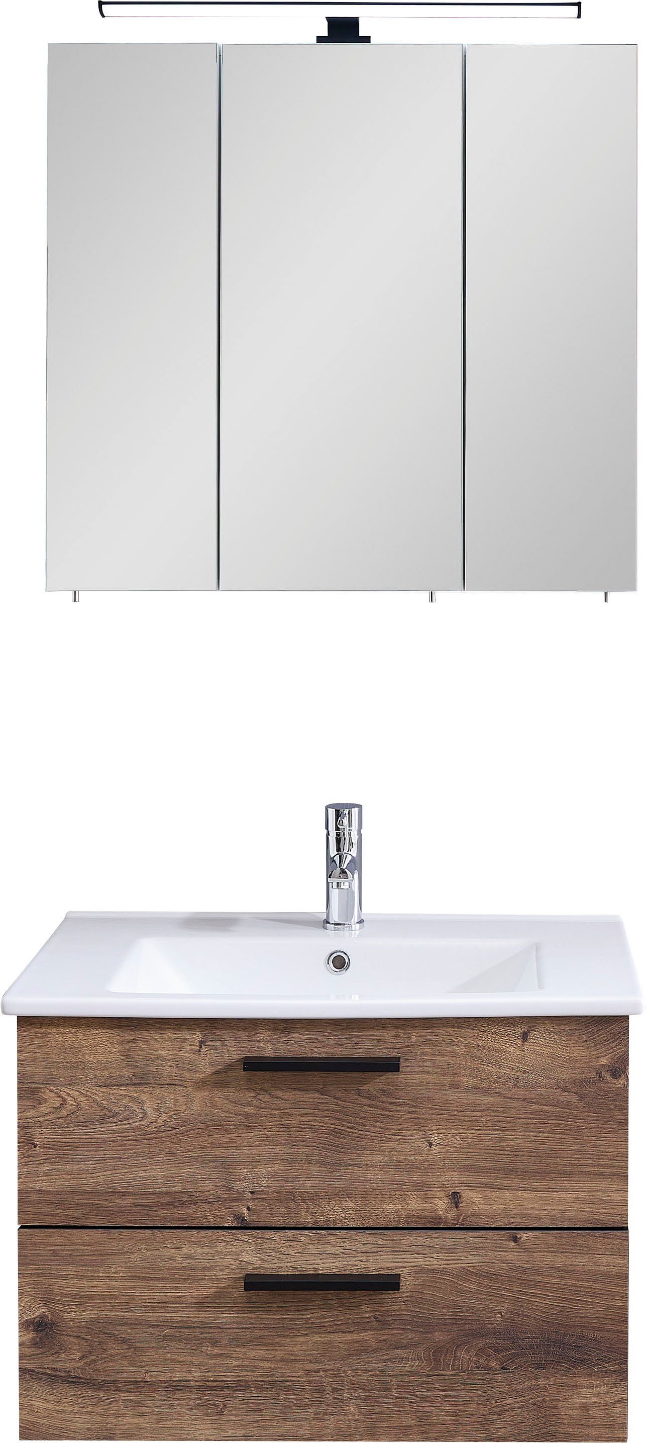 Saphir Badkamerserie Quickset keramische wastafel met LED-spiegelkast, 75 cm breed (2-delig)