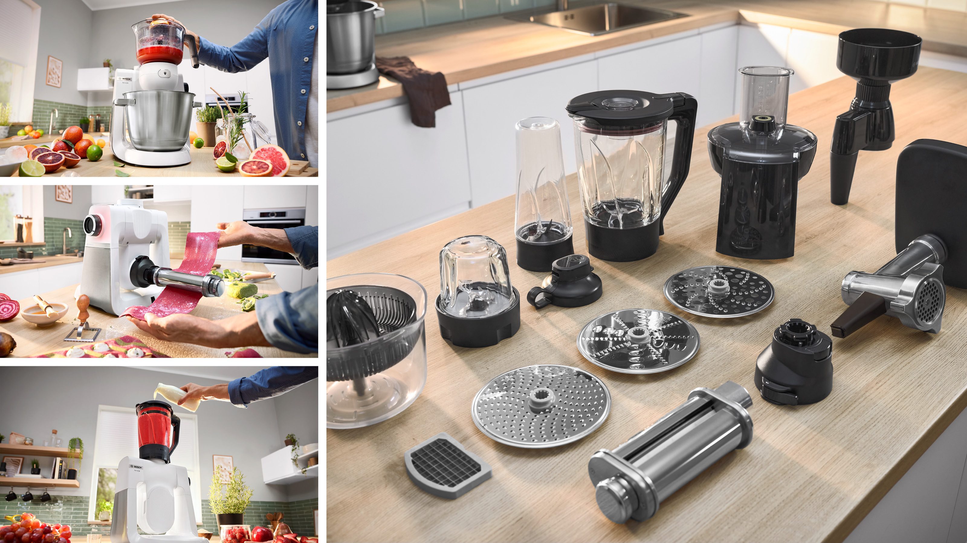 BOSCH Keukenmachine Serie 6 MUMS6EW13D, doorloopsnijder, roestvrijstalen kom, wit 7 standen, 3 schijven, kneedhaak/meng-/siliconen garde, vaatwasmachinebestendig