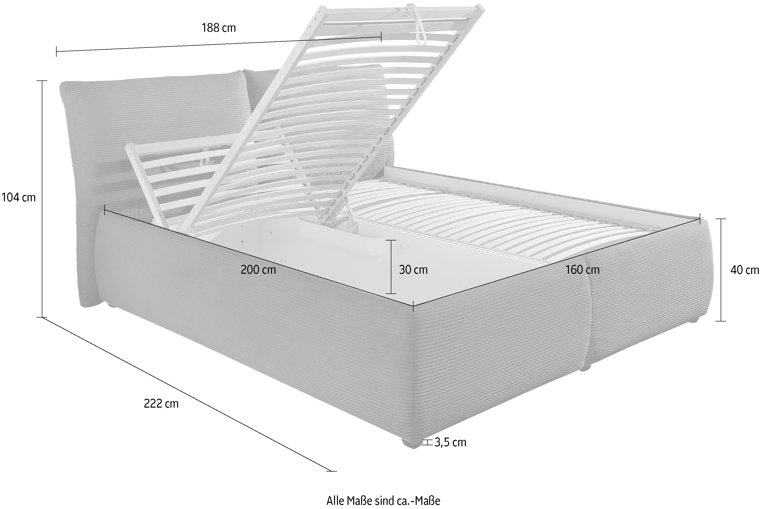 Maintal Gestoffeerd bed Wiesenbach, met cord-stof optioneel in hardheidsgraad h2, h3 of h4