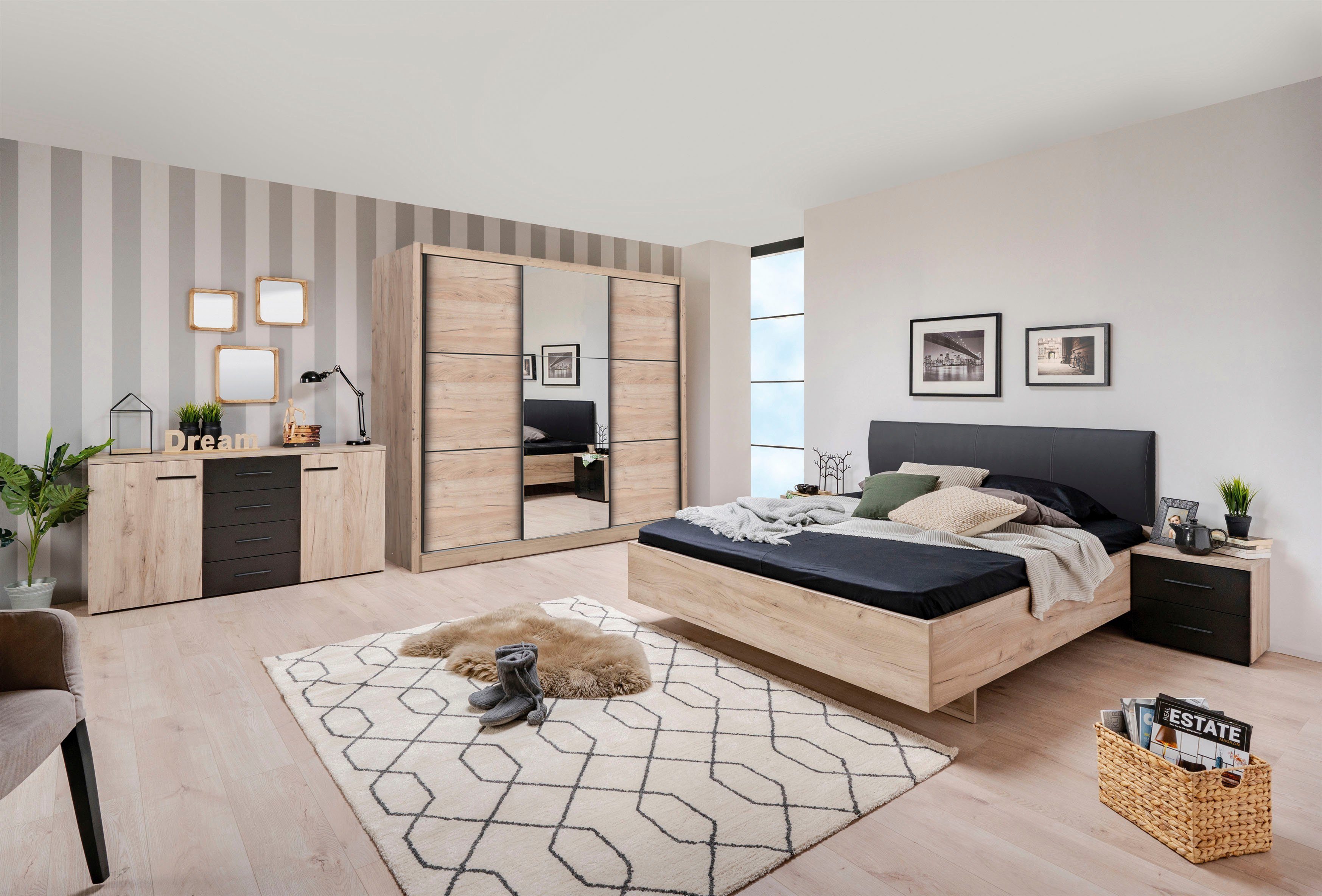 INOSIGN Zweefdeurkast Navara kledingkast met spiegel linnenkast garderobe met royale binnenuitrusting, fsc®-gecertificeerd, in 3 breedtes