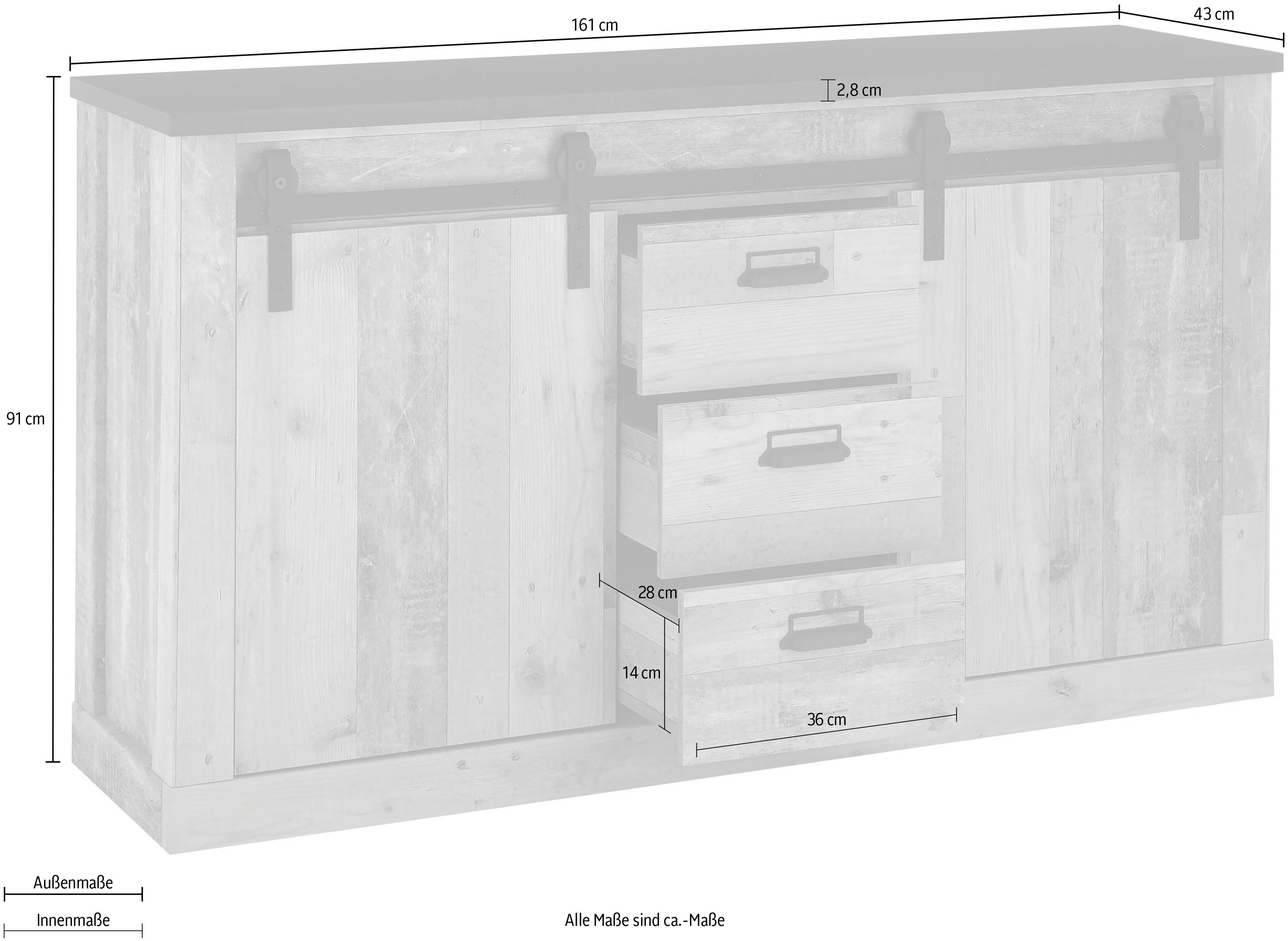 Home affaire Dressoir Sherwood Houtdecor, met schuurdeurbeslag en apothekersgrepen, breedte 161 cm