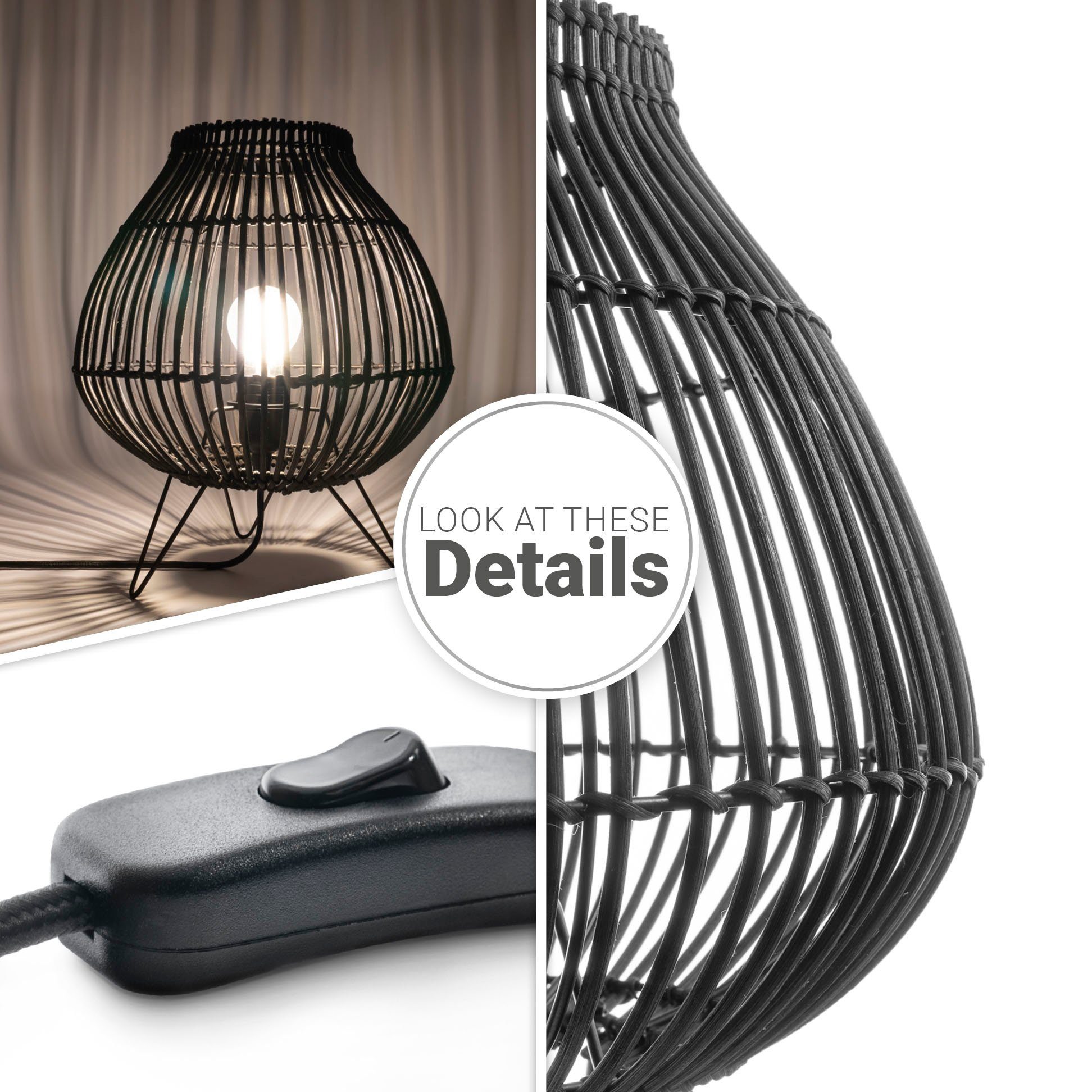 Paco Home Tafellamp PURI Rattan mandlamp nacht LED driepoot Boho E27