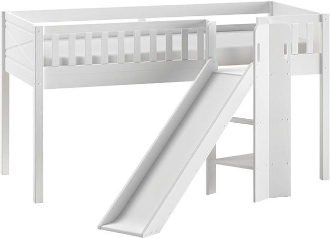 Vipack Hoogslaper Scott m. oprolbare bedbodem, ligoppervlak 90 x 200 cm, wit gelakt grenen, met of zonder glijbaan hoogslapers maat 203,6 cm x 207,6
