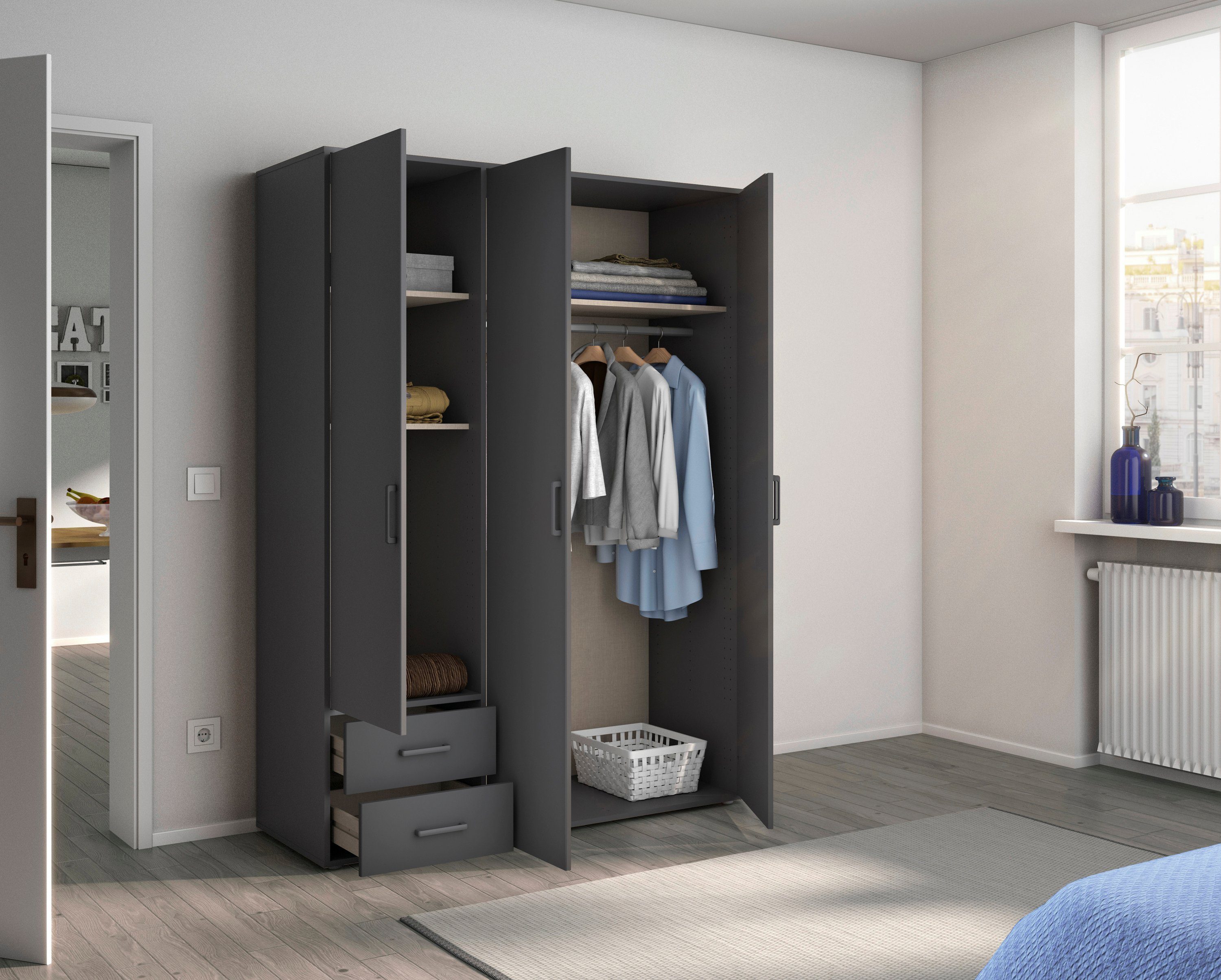 rauch Draaideurkast Voyager, kledingkast met buitenladen, garderobe moderne grepen in grijs metallic met buitenlades made in germany