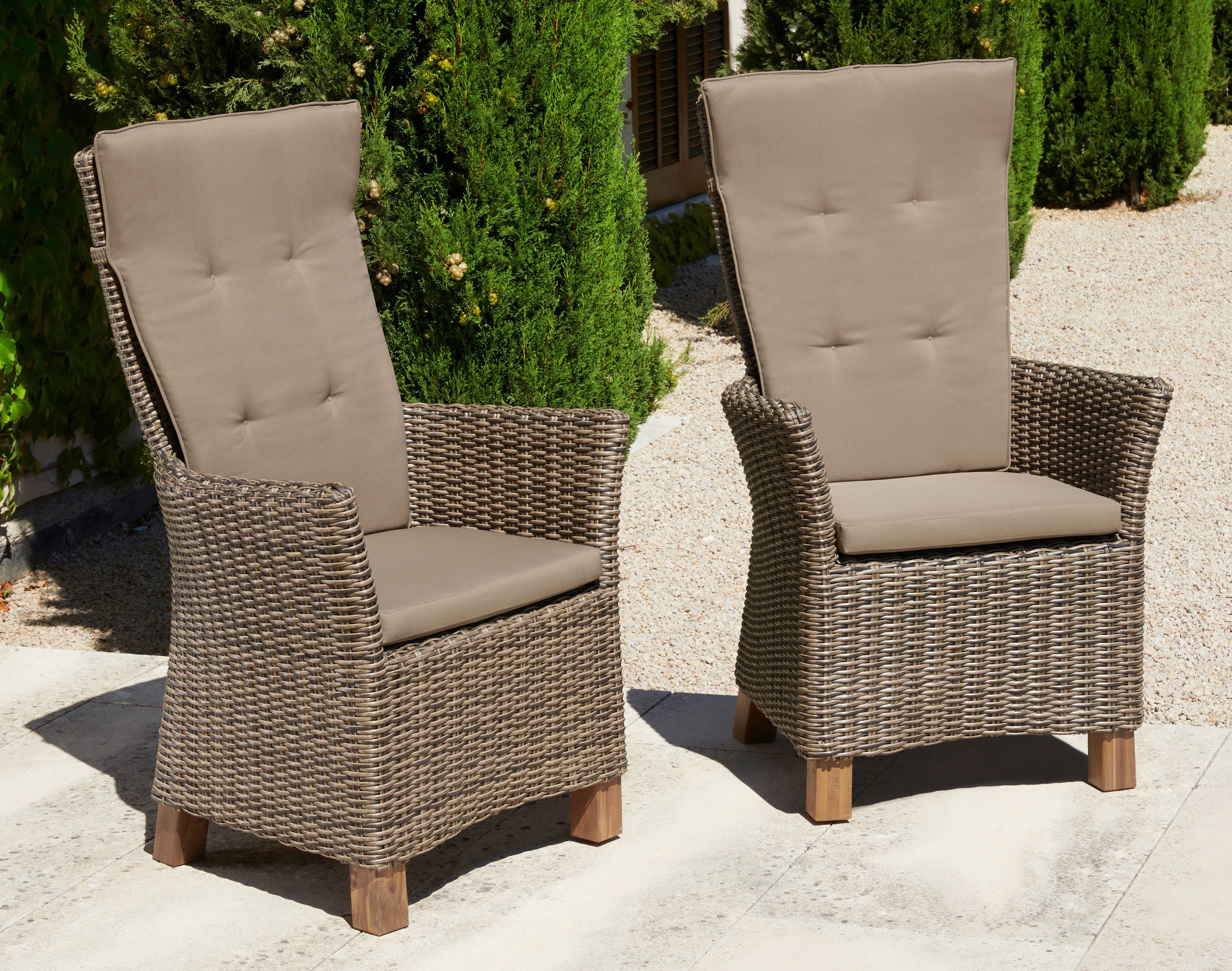 MERXX Tuinstoel Toscane set van 2, polyrotan/acaciahout, incl. kussen (set, 2 stuks) tuinstoelen beige