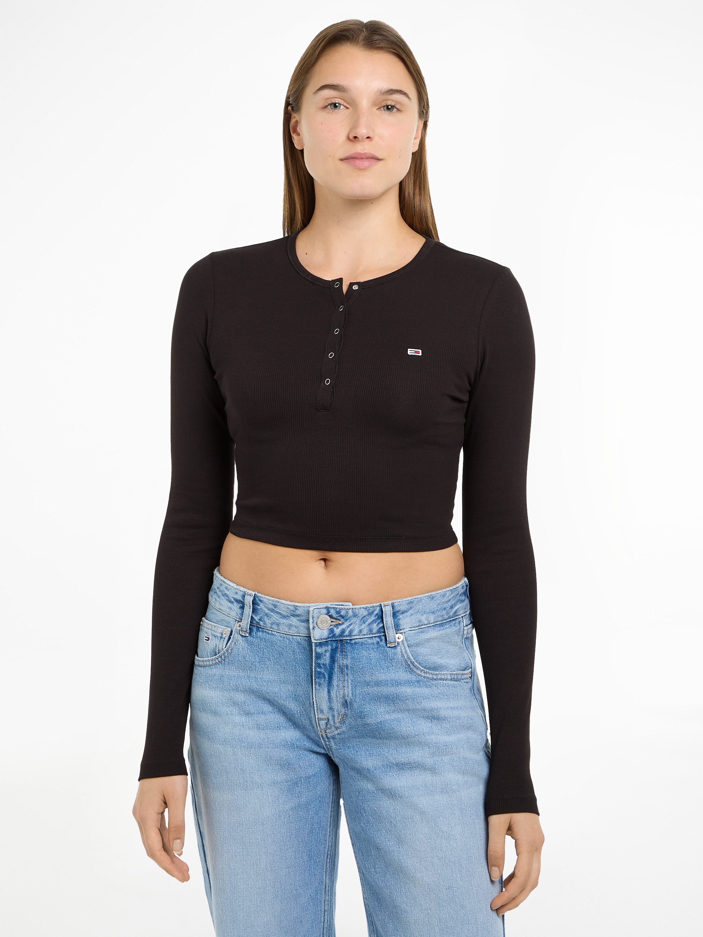 TOMMY JEANS Shirt met lange mouwen TJW CRP HENLEY TOP LS in modieuze cropped vorm