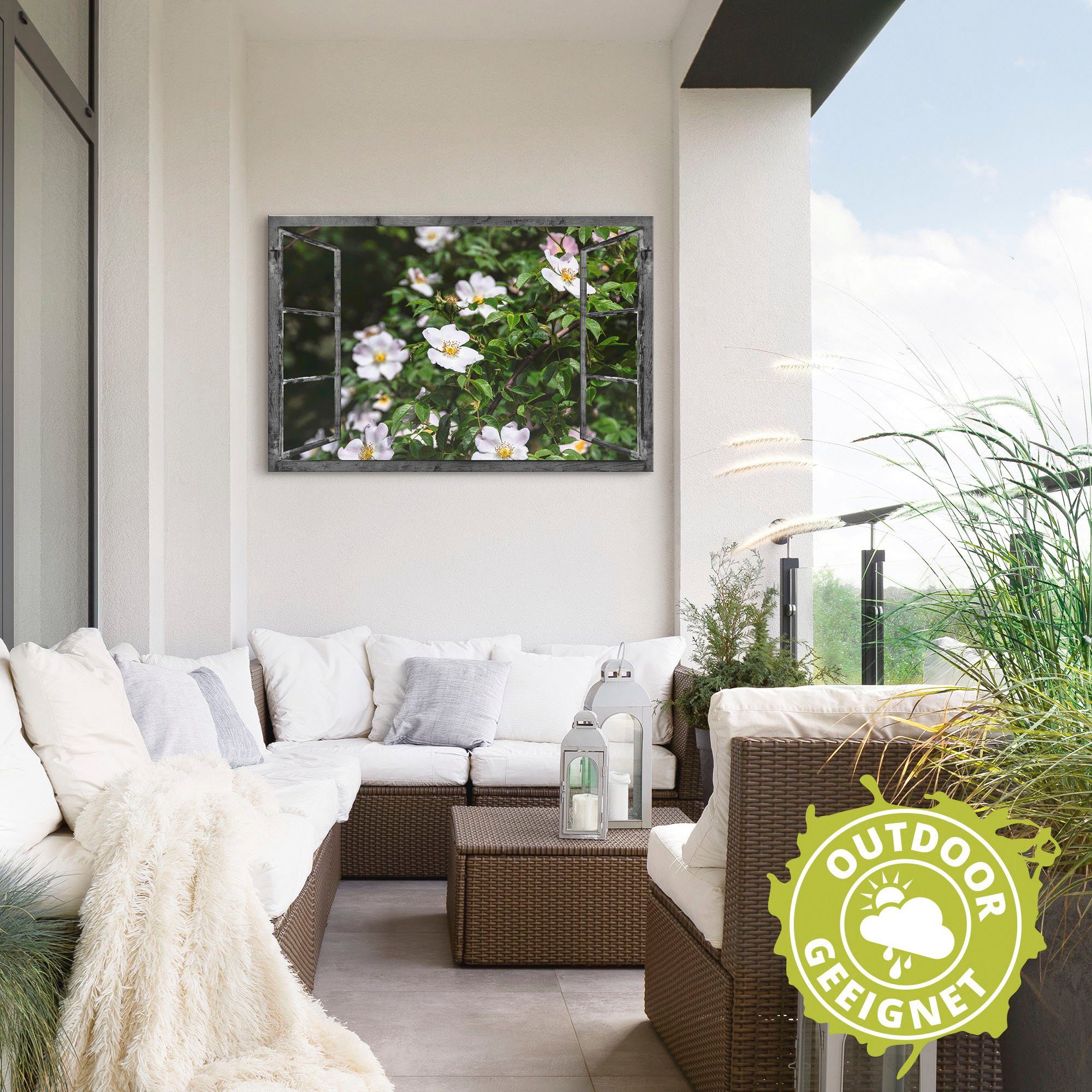 Artland Artprint op linnen Blik uit het venster - wilde rozen