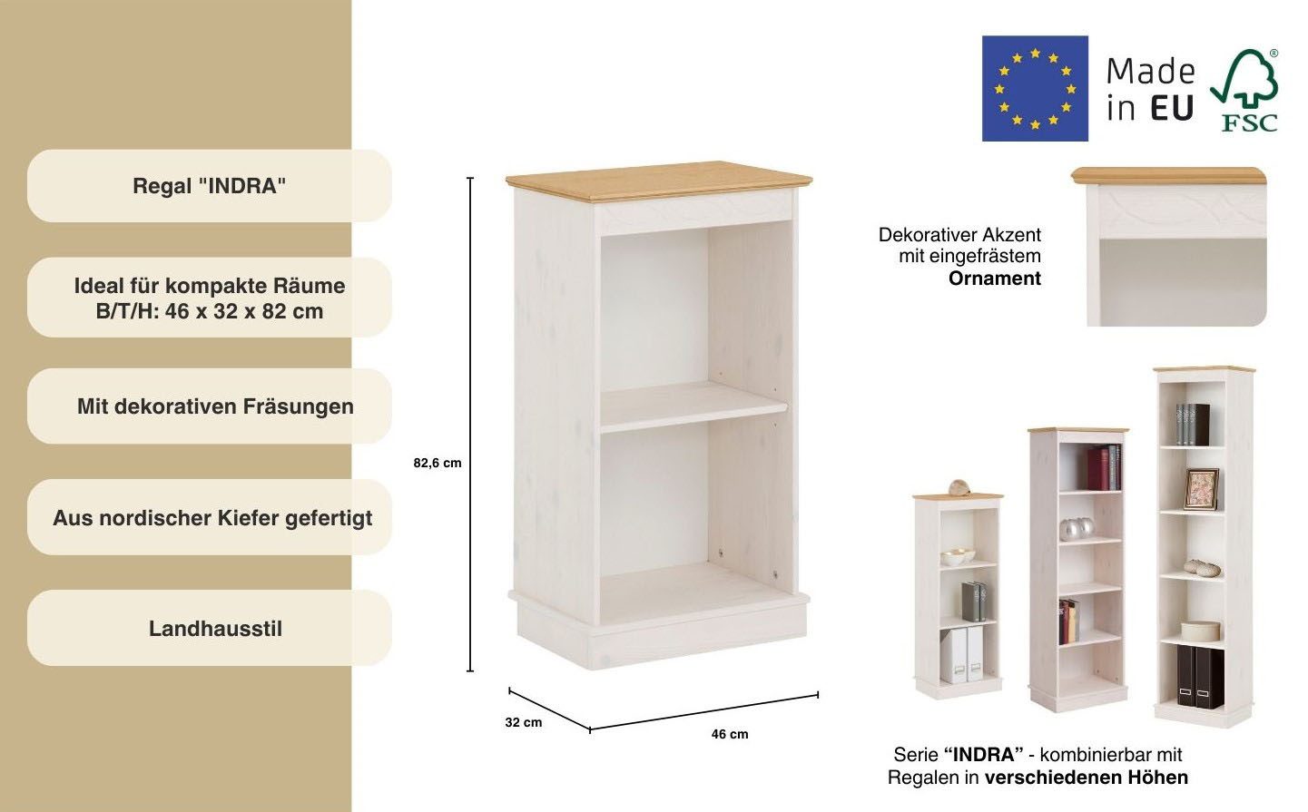 Home affaire Boekenkast Indra van massief dennenhout, in verschillende hoogtes, met fsc®