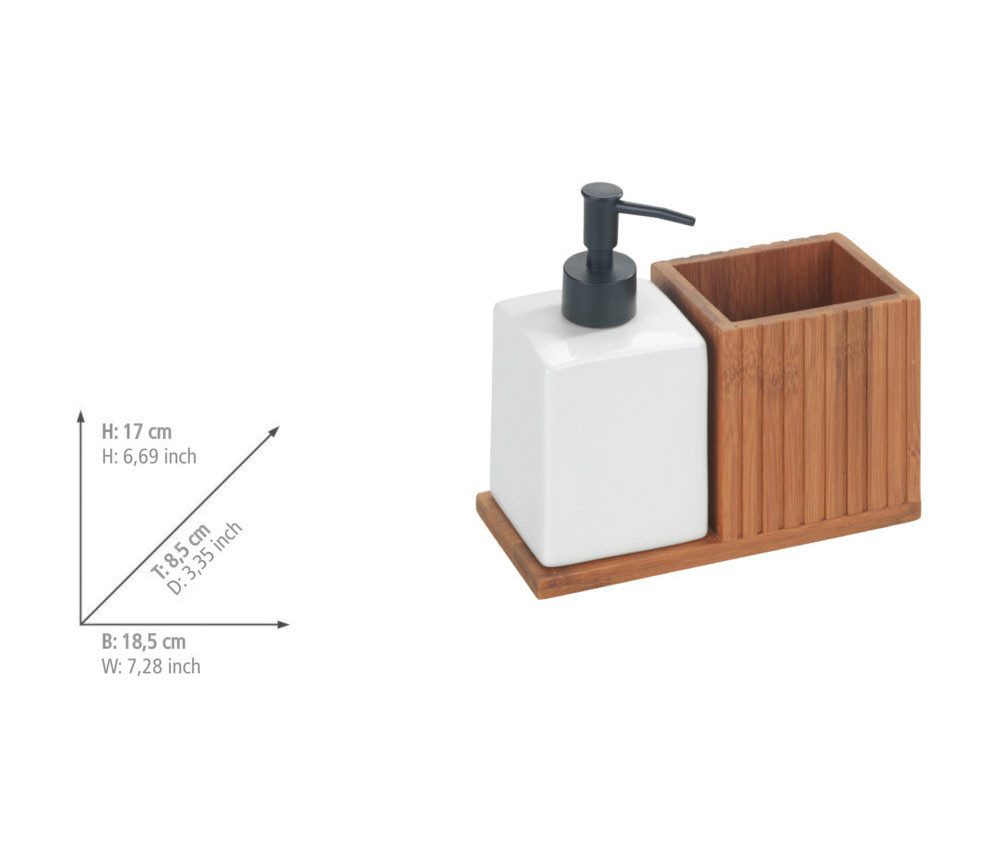 WENKO Dispenser voor afwasmiddel Modell Mera met utensilienhouder, keramiek & gerookt bamboe, landhuisstijl
