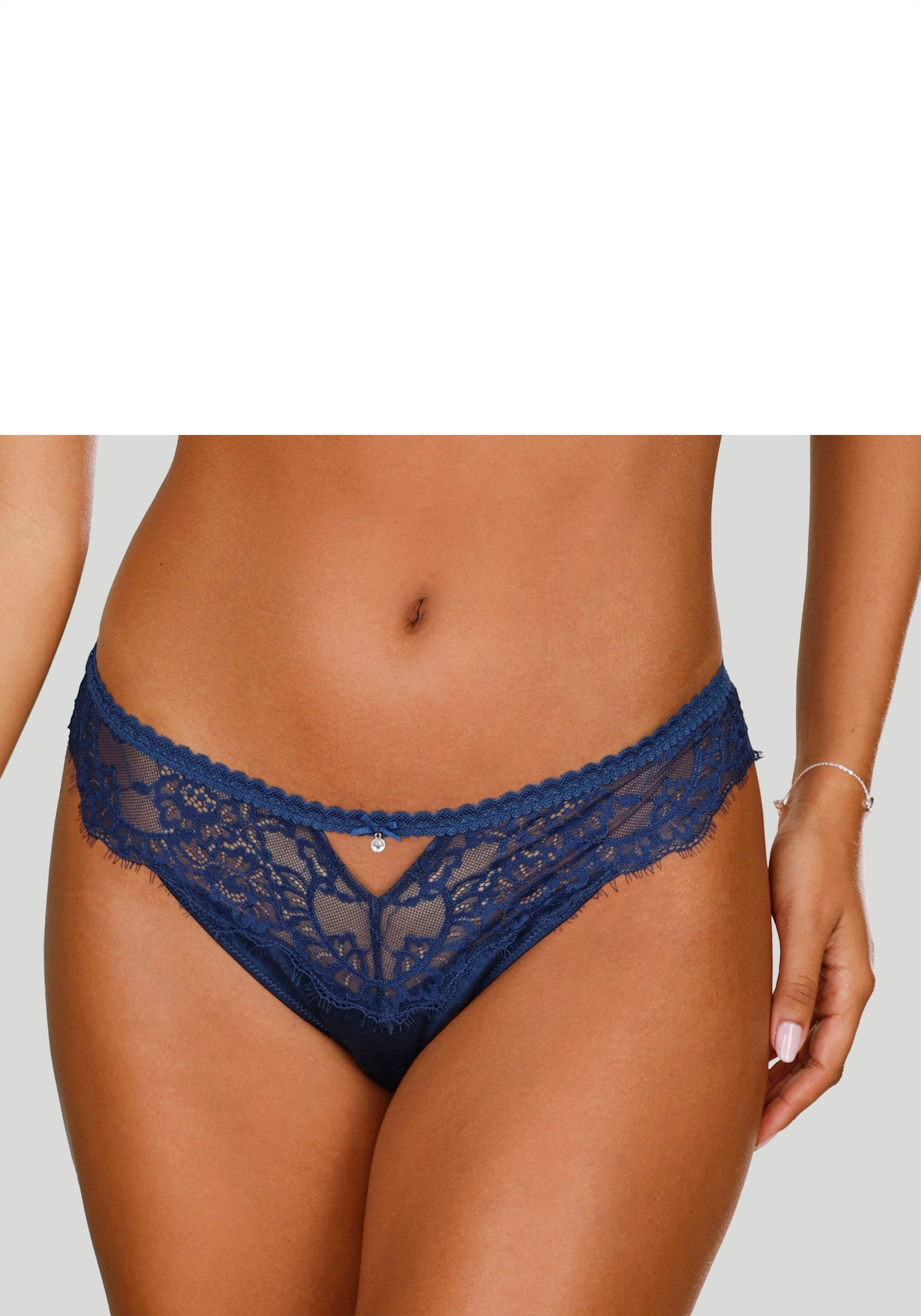 Lascana String Alana van bloemige kant en edele kwaliteit met hoog zijdepercentage dames strings maat 40/42 blauw