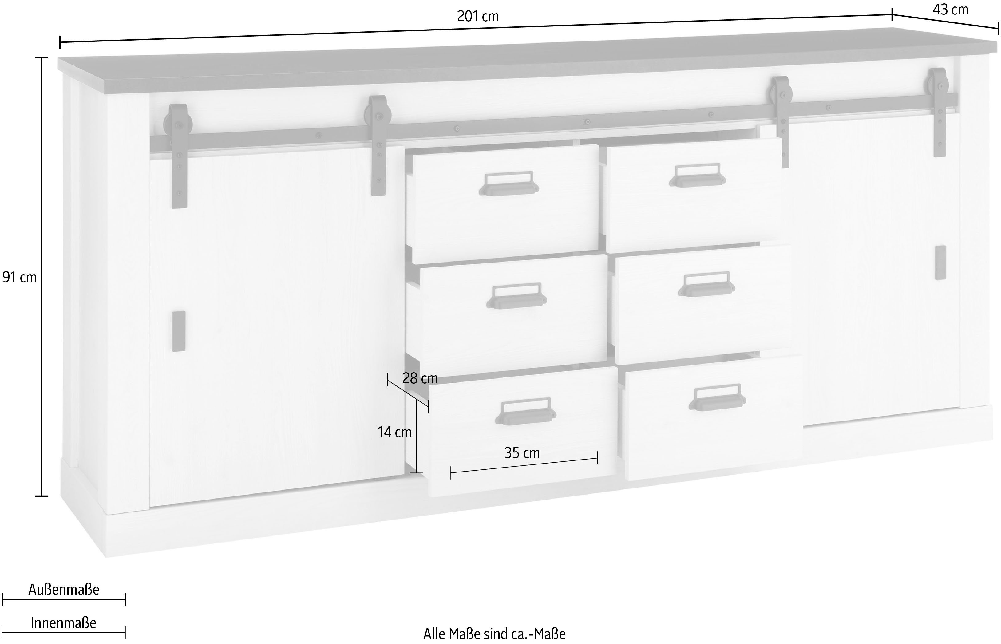 Home affaire Dressoir Sherwood modern houtdecor, met schuurdeurbeslag van metaal, breedte 201 cm