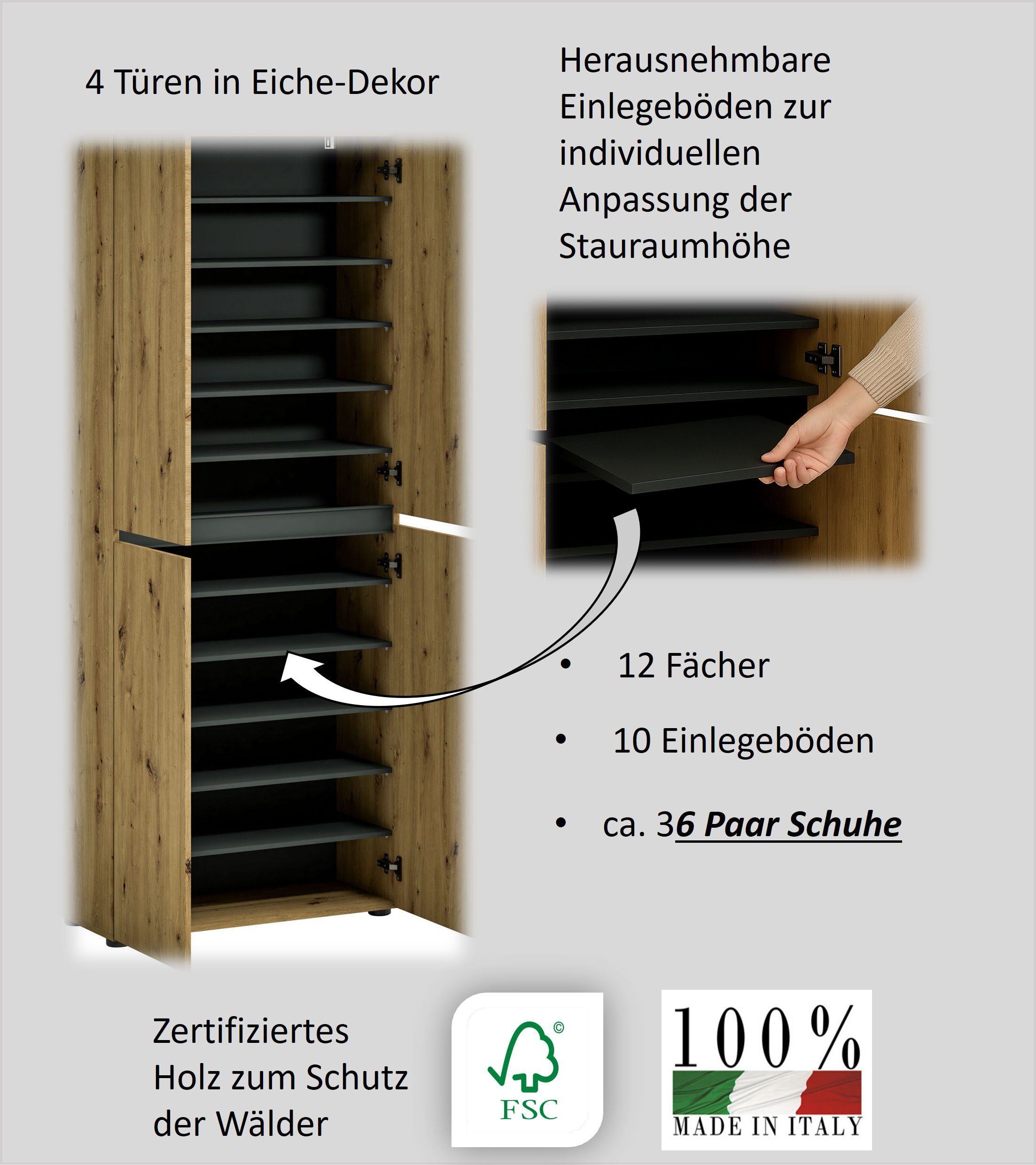 INOSIGN Schoenenkast MISTER- Schuhregal, Made in Italy, 12 Fächer, 10 Einlegeböden Breedte 80 cm, hoogte 200 cm, keerbare lijst