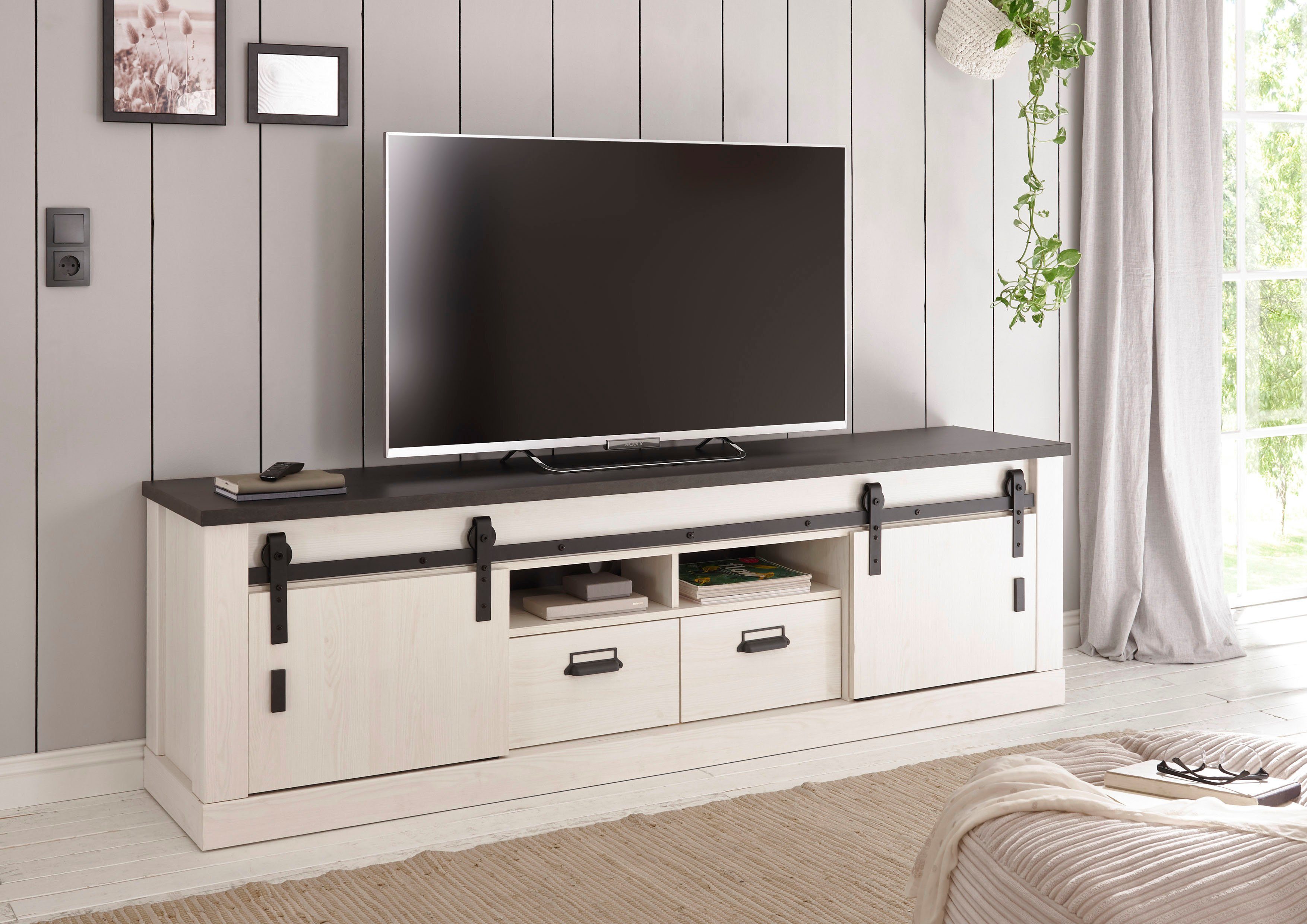 Home affaire Tv-meubel Sherwood modern houtdecor, met schuurdeurbeslag van metaal, breedte 201 cm