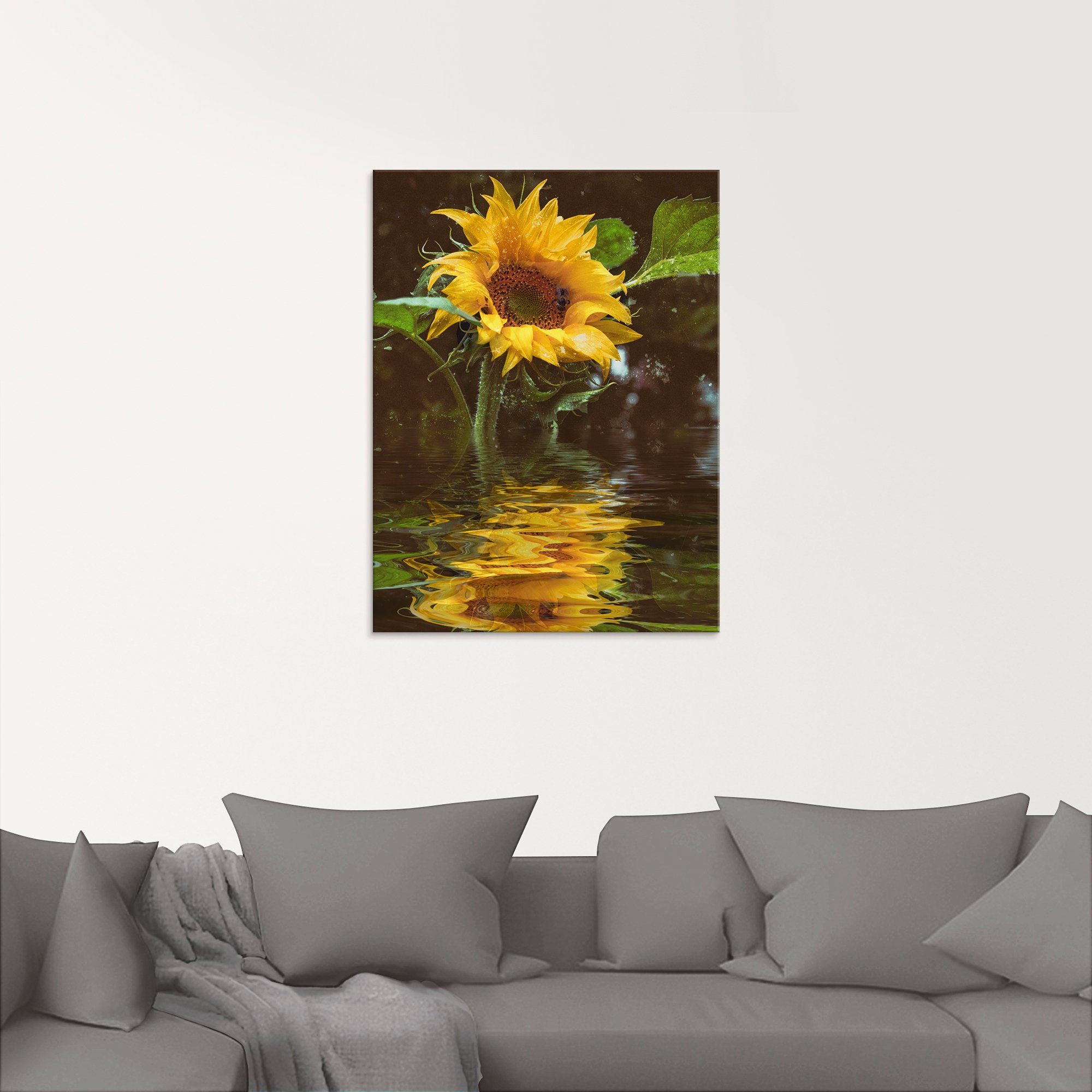 Artland Print op glas Zonnebloem met waterreflectie