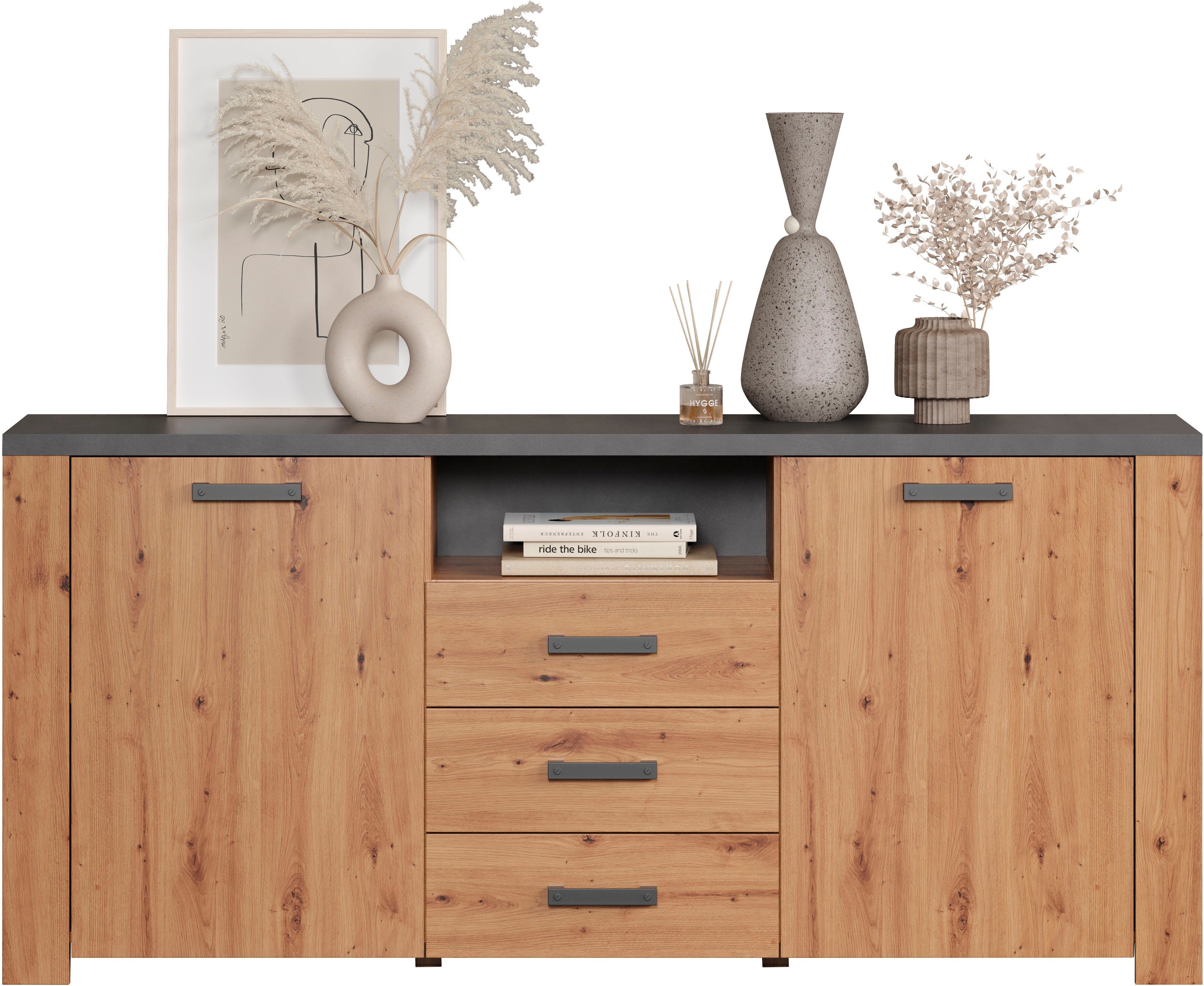 Home affaire Dressoir Ambres Commode in echt houtlook, Afmetingen BxH: 180x83 cm, Eik (1 stuk)