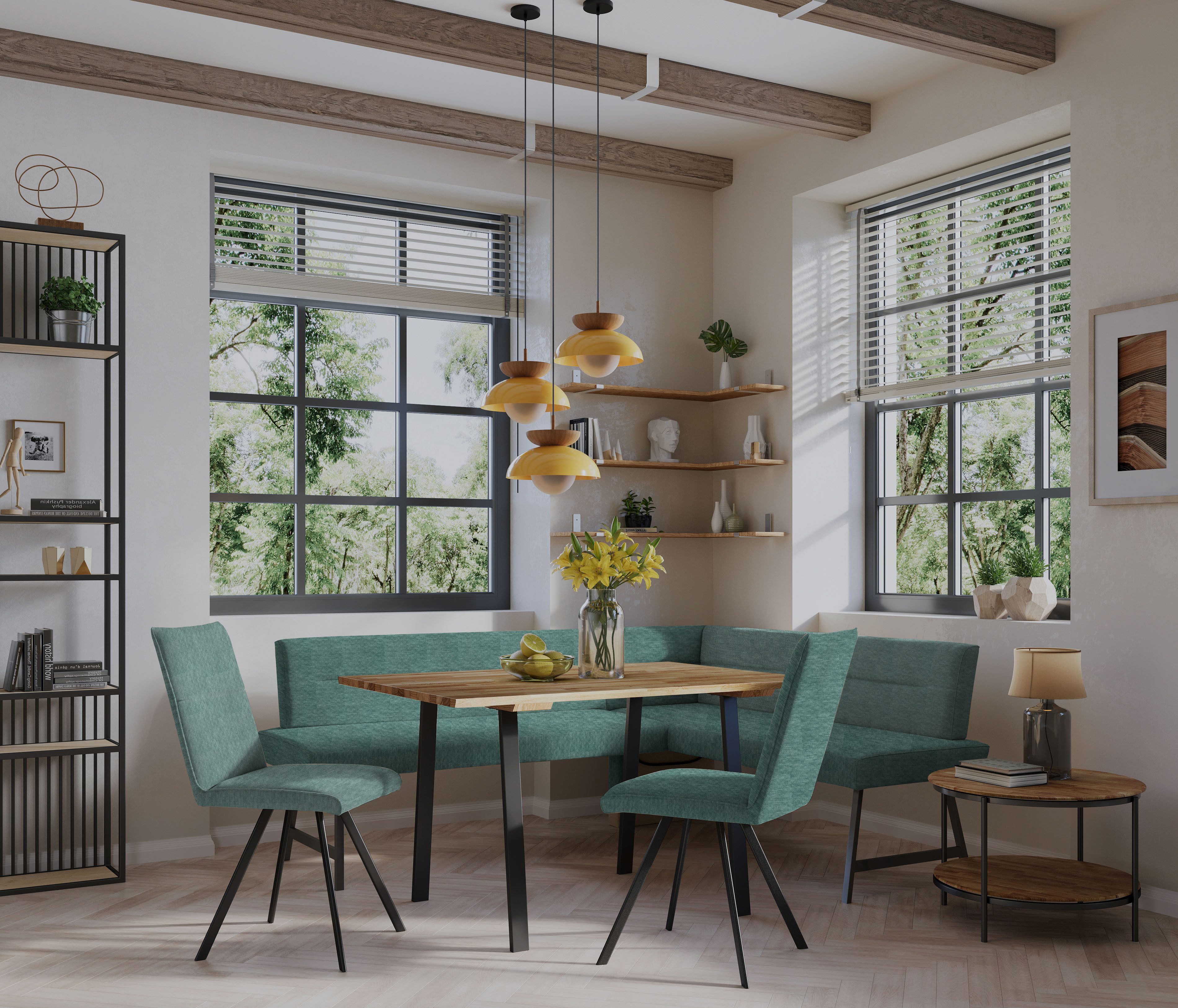 Home affaire Eethoek Sava Hoekbank met nosagvering in de zitting, massief eiken tafel (set, 4-delig)
