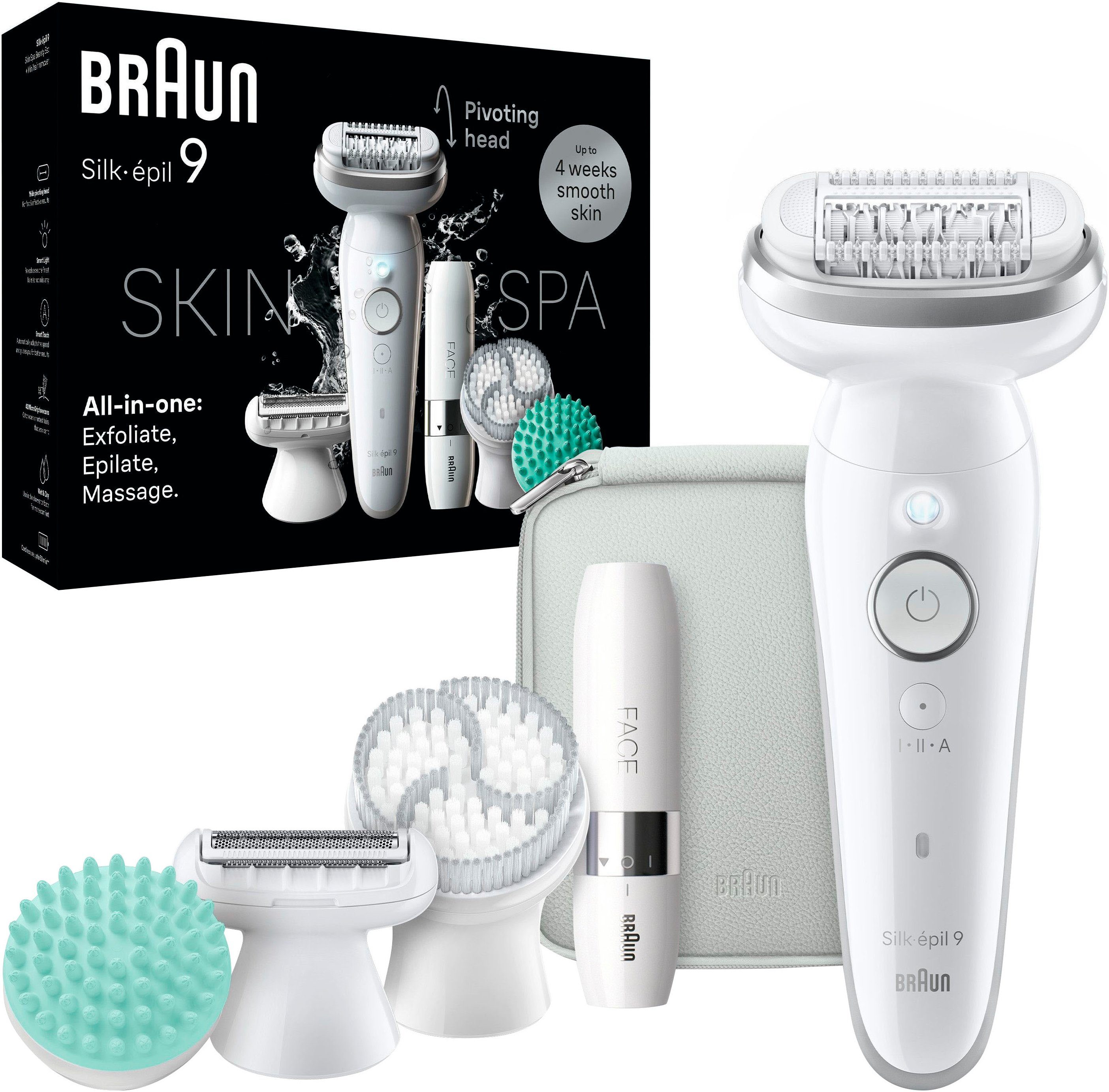 Braun Epilator Silk-épil SkinSpa 9 9-381 Volledig beautyset met mini scheerapparaat voor het gezicht epileerapparaten zilver(kleur)