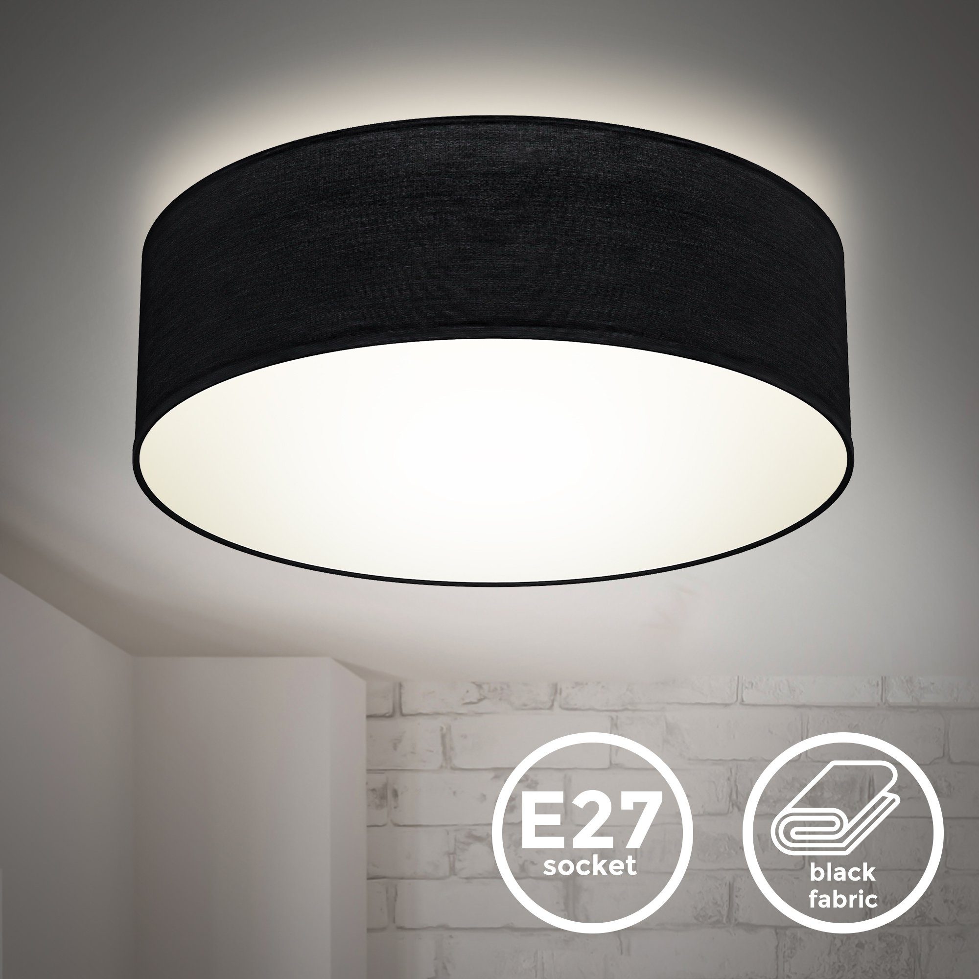 B.K.Licht Led-plafondlamp Plafondlamp, textiel lampenkap, zwart, slaapkamer, woonkamer