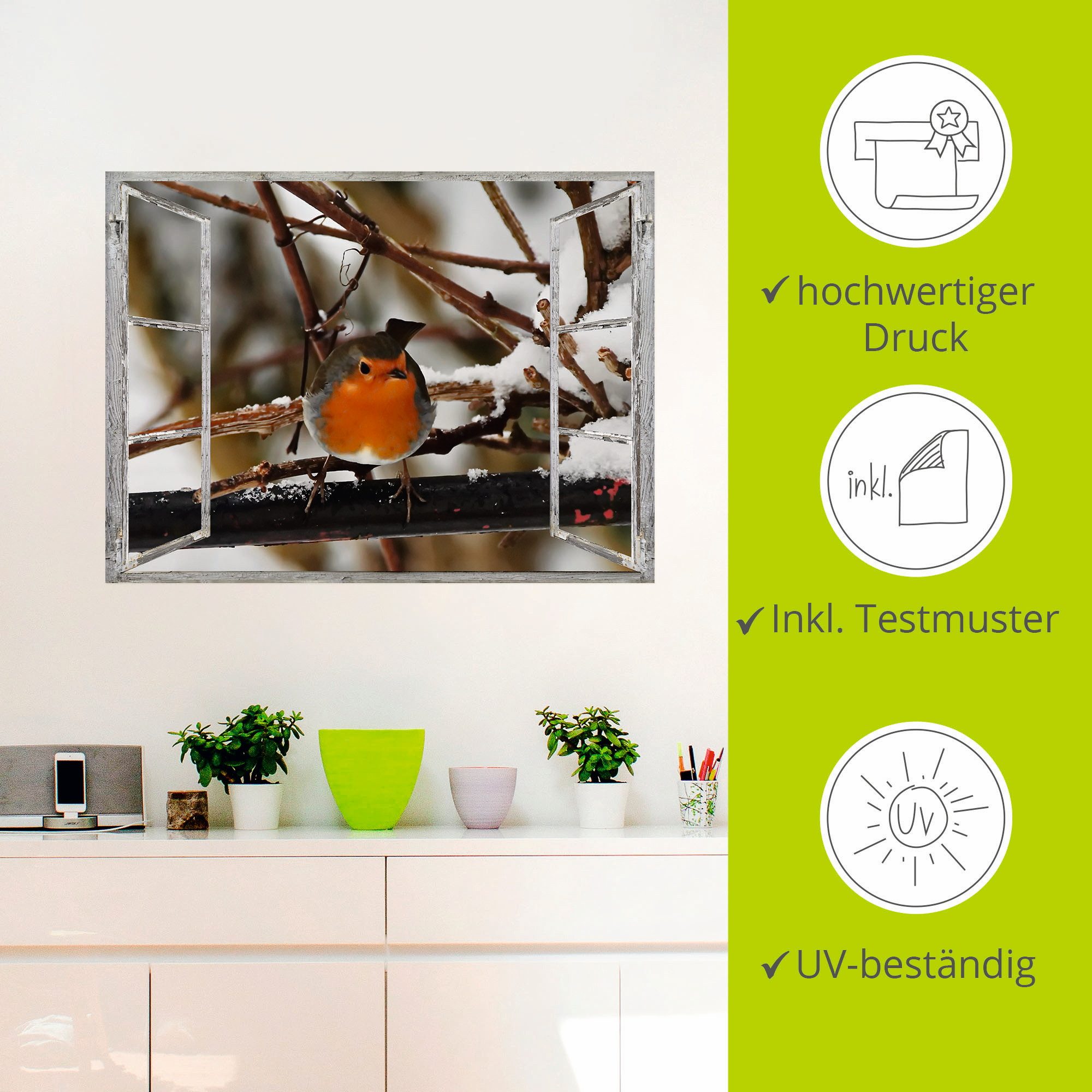 Artland Artprint Vensterbeeld - roodborst als poster, muursticker in verschillende maten