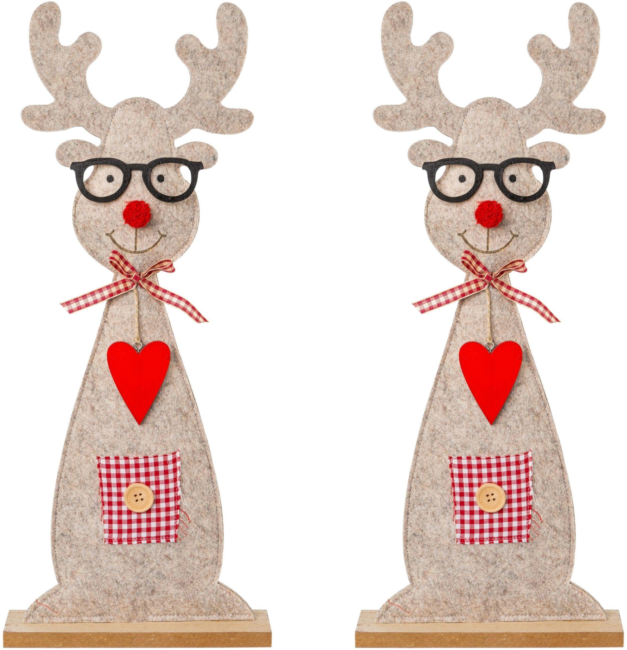 Creativ deco Kerstfiguur Kerst versiering Hert van vilt met schattige bril (set, 2 stuks)