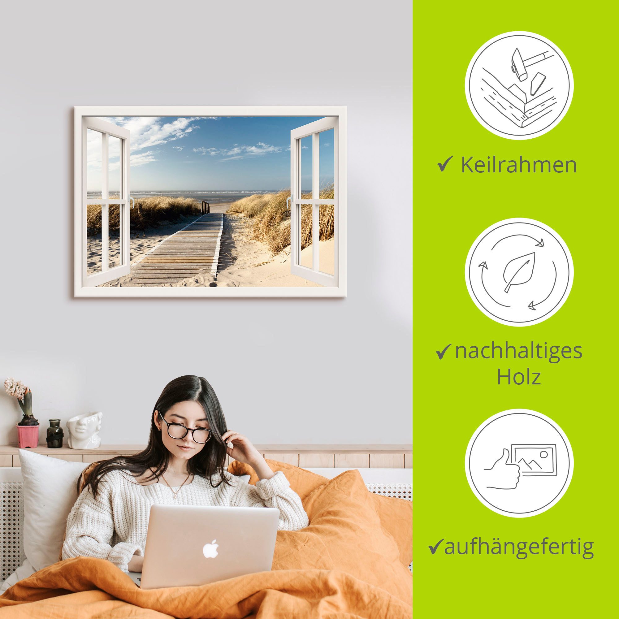 Artland Artprint Blik uit het venster Noordzeestrand op Langeoog als artprint op linnen, poster, muursticker in verschillende maten