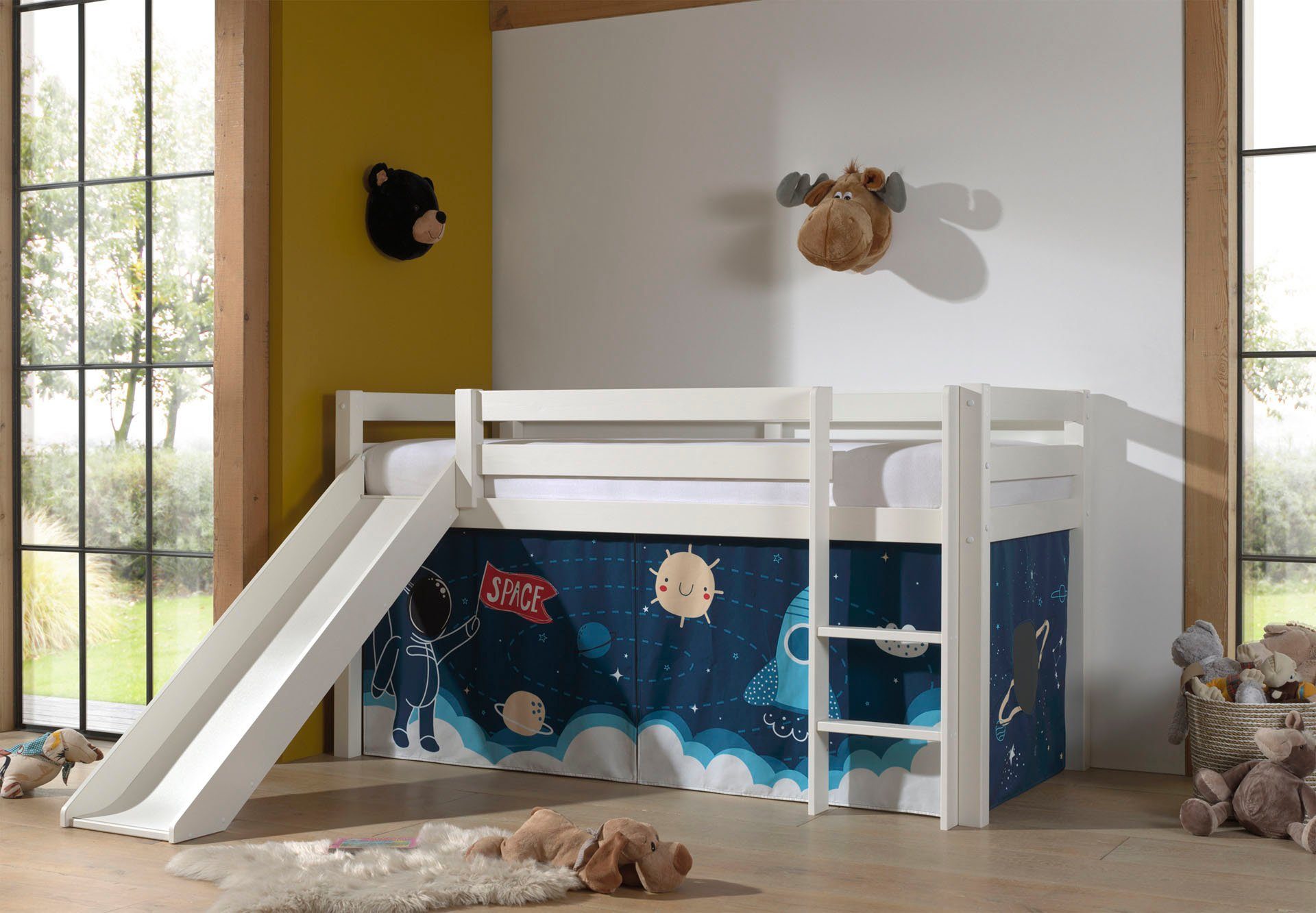 Vipack Speelbed Vipack Pino Hoogslaper met textielset, inclusief lattenrol, ladder en glijbaan