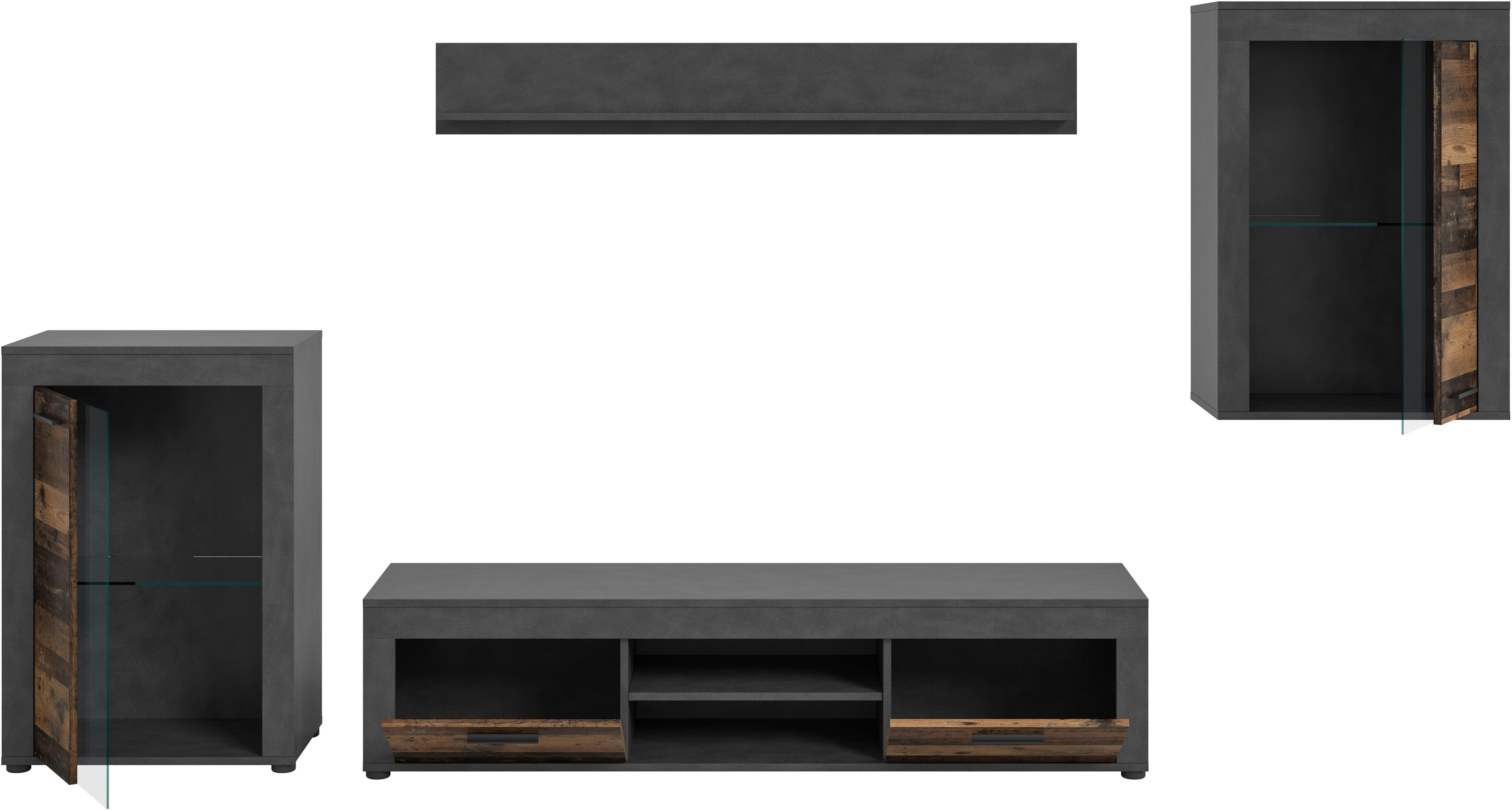 INOSIGN Wandmeubel Aosta, 4-delig, bestaande uit: 2x vitrinekast, lowboard & wandplank (4-delig)