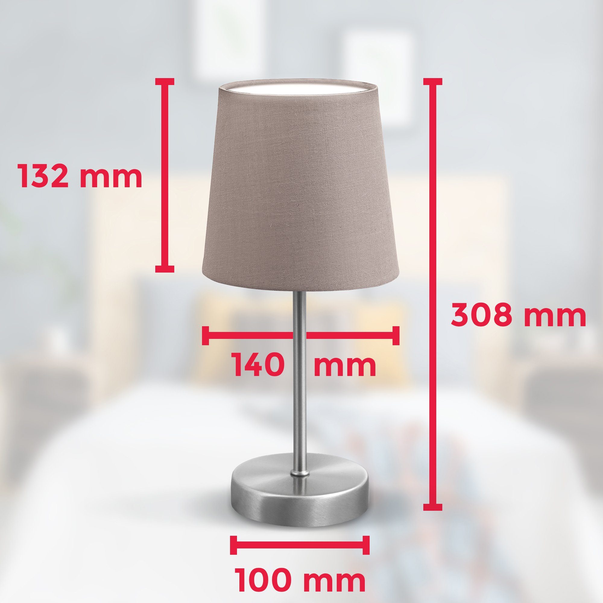B.K.Licht Tafellamp LED nachttafellamp met schakelaar E14 IP20 stof taupe mat-nikkel