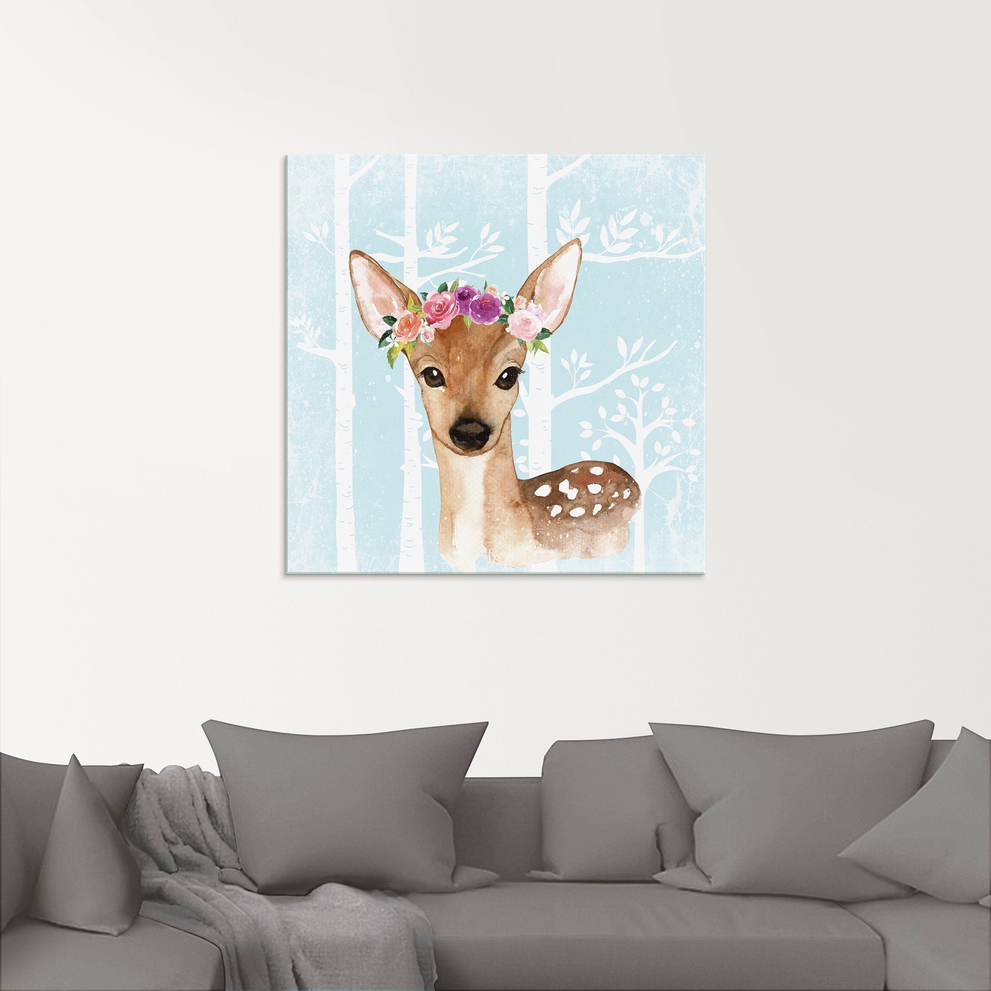 Artland Print op glas Wild ree met bloemen in blauw bos
