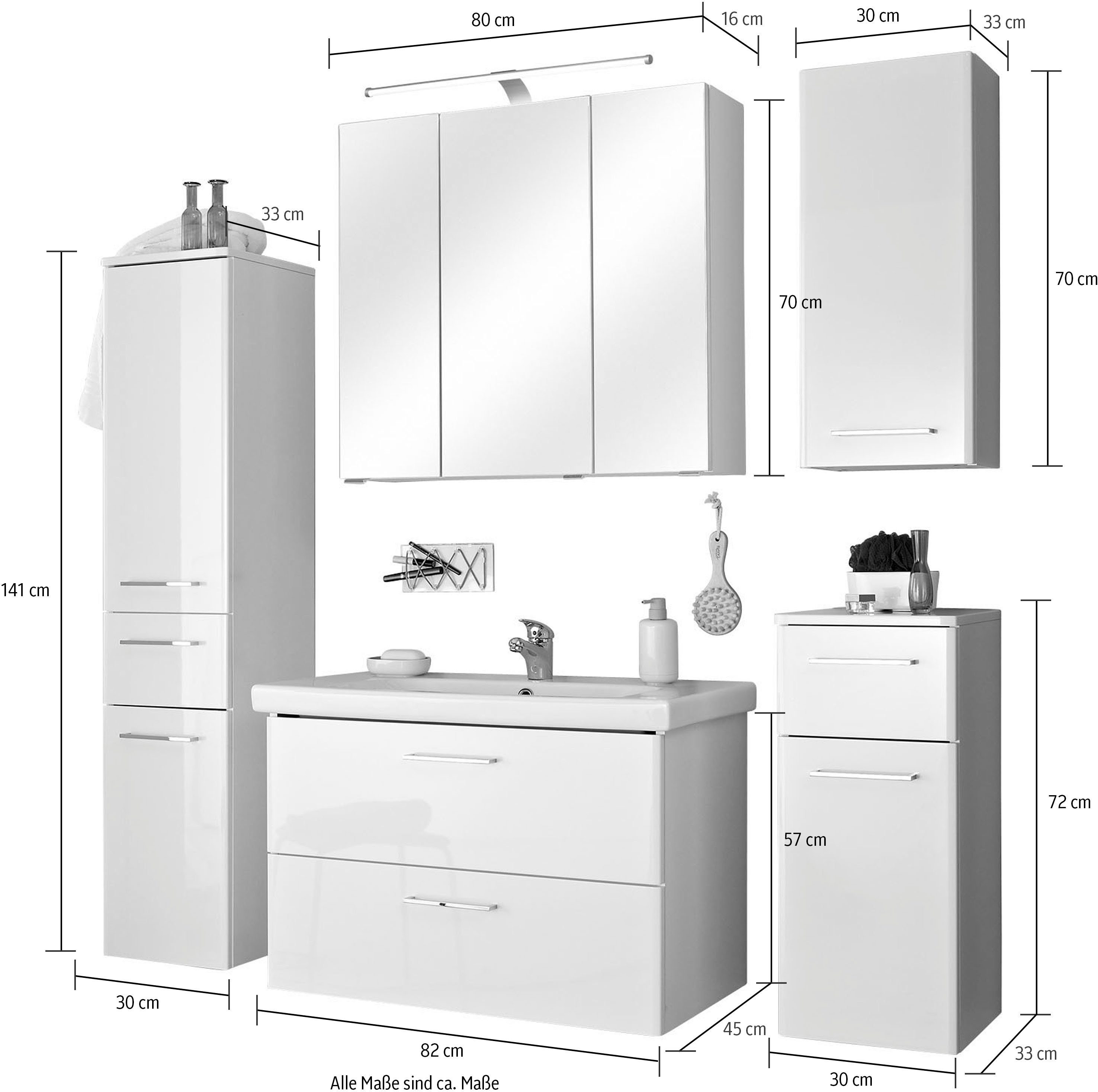 Saphir Badmeubelset Quickset 316 5-delig, inclusief keramieken wastafelonderkast en led-spiegelkast (set, 5 stuks)