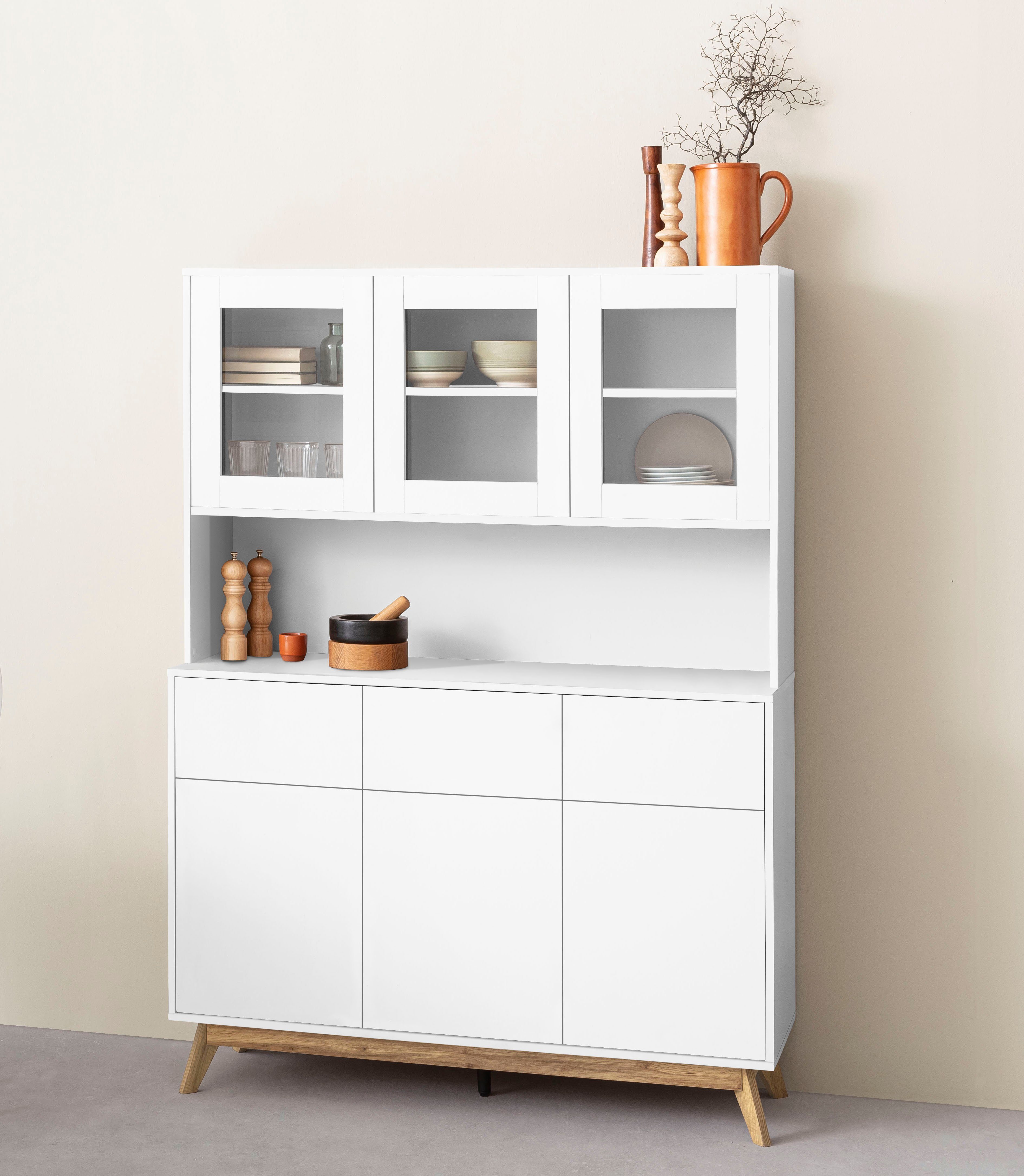 Home affaire Buffetkast Skandi 3 glasdeuren, 3 houten deuren en 3 laden, breedte 120 cm, hoogte 165 cm