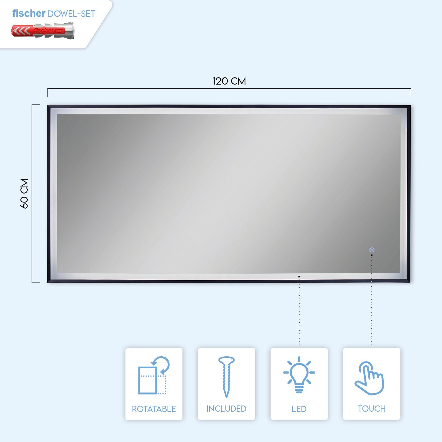Paco Home Wandlamp TRACY Verlichte spiegel LED achterlicht touch-zwart rechthoekig