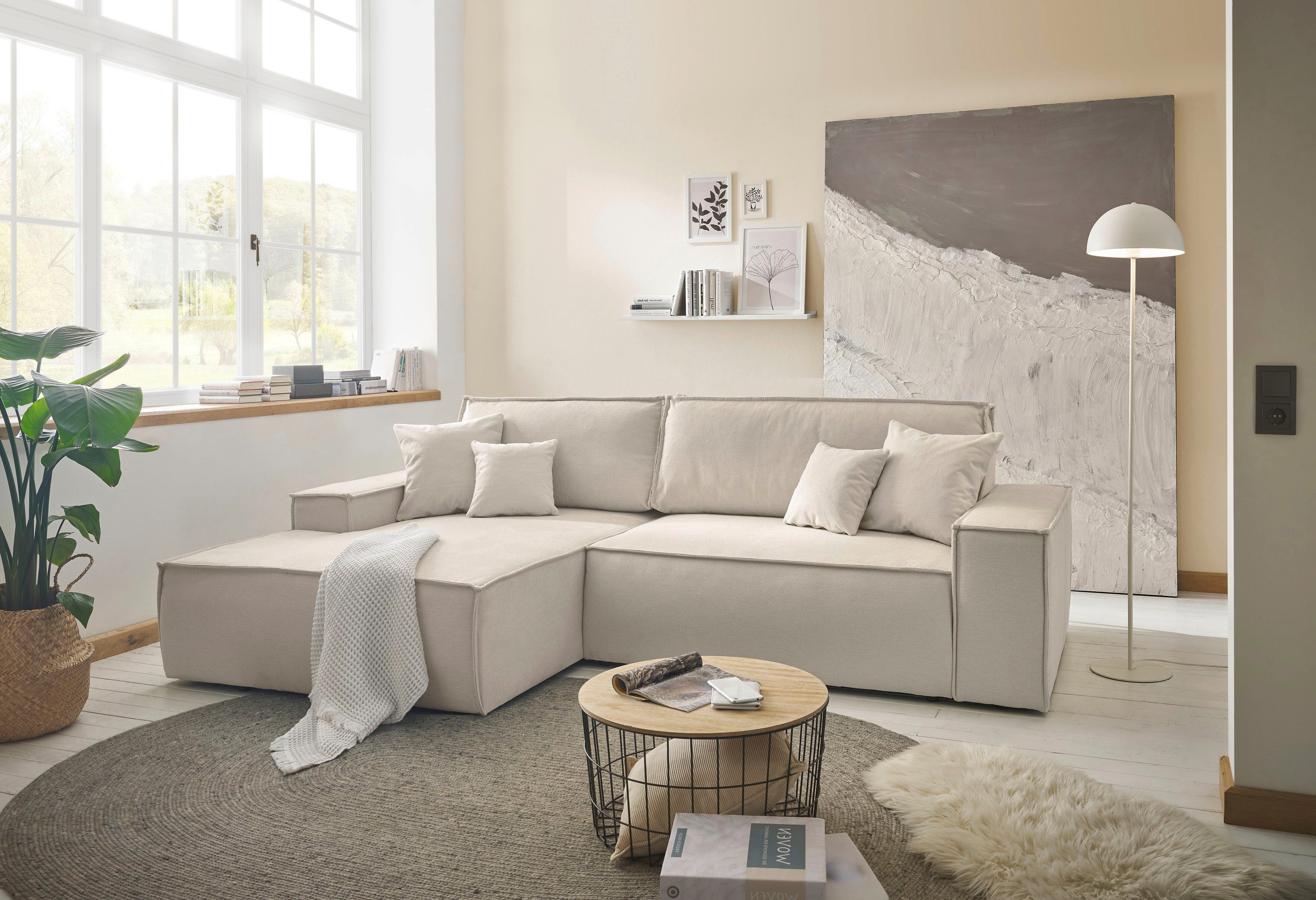 andas Hoekbank Finnley slaapbank 267 cm in Bouclé, fijne structuur en cord, L-vorm