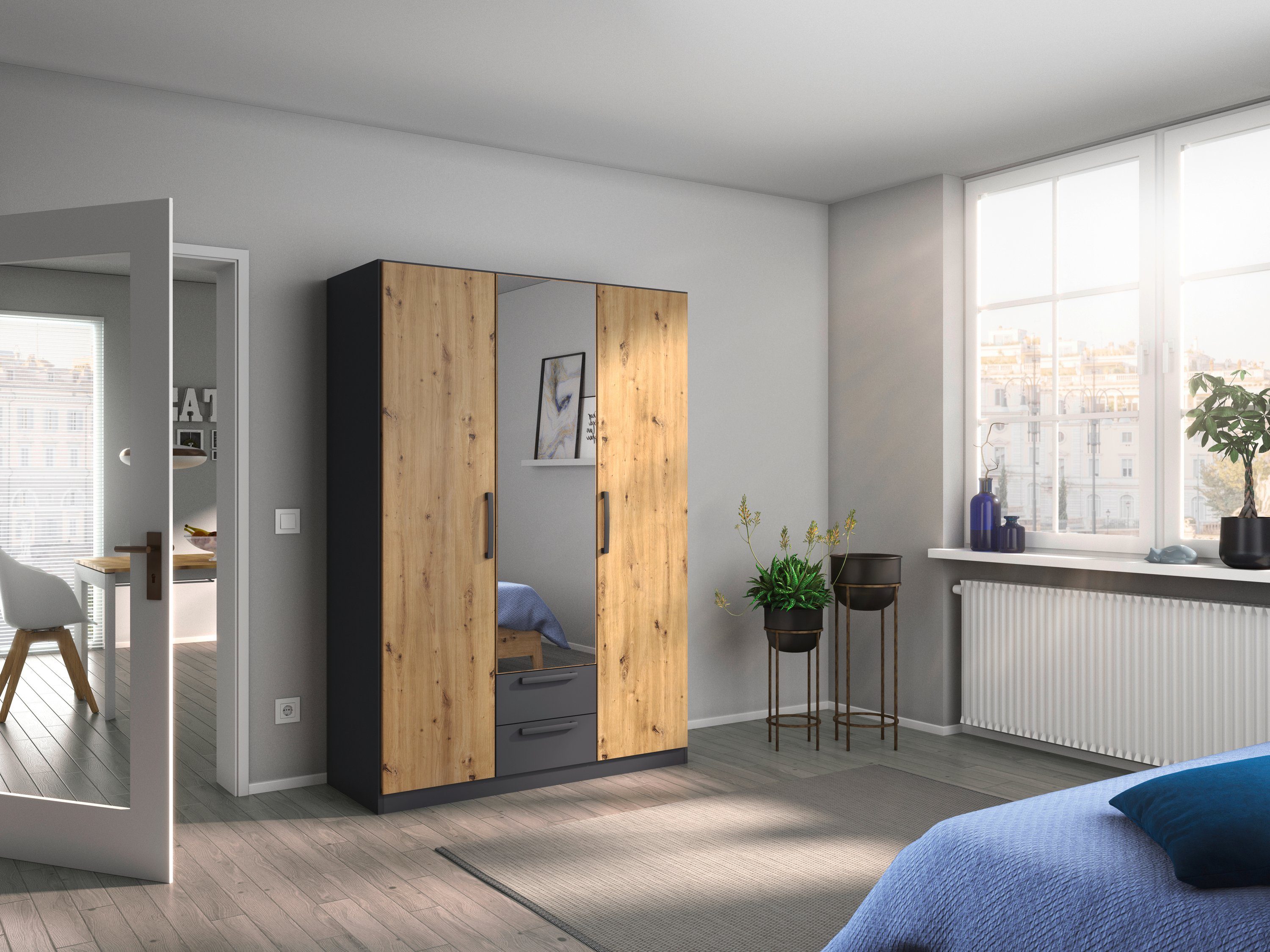 rauch Draaideurkast StyleUp Type Dark & Wood met trendy contrastkleurige grepen kledingkasten maat 136 cm x 197 cm x 54 cm grijs