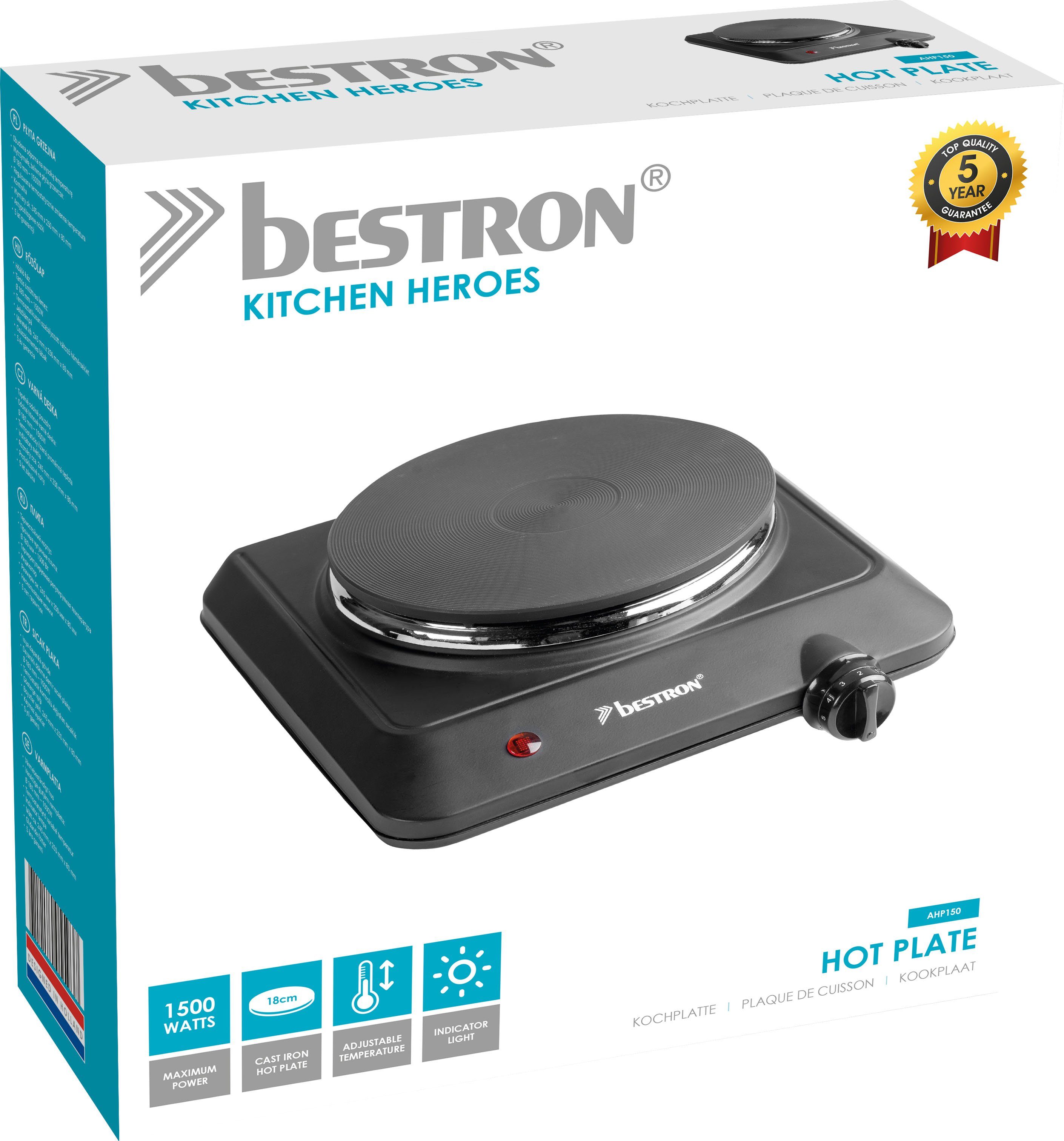 bestron Enkele kookplaat AHP150 Kitchen Heroes van gietijzer, ø 18 cm, 1500 w, zwart