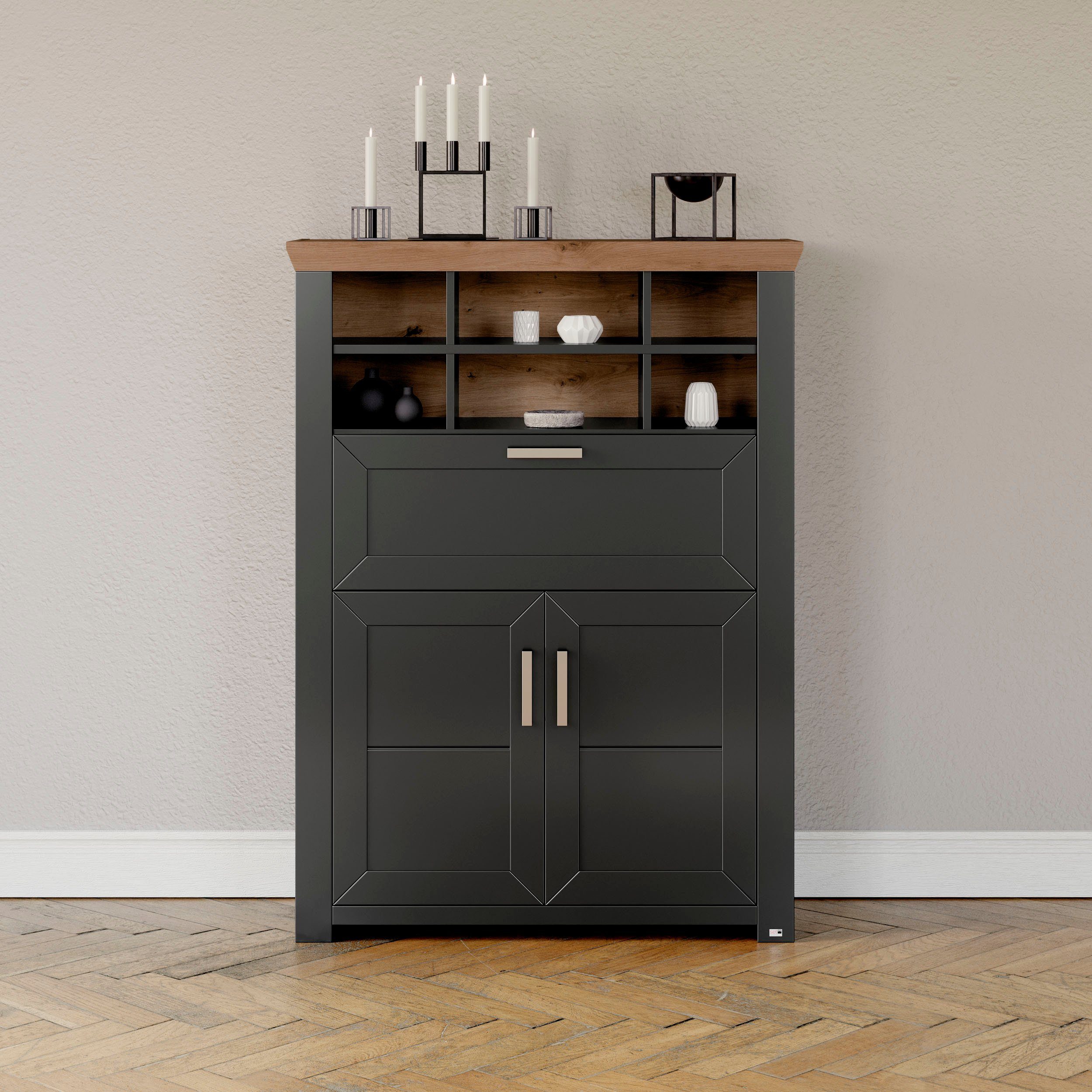 set one by Musterring Highboard York Type 15, met houten deuren en klep, verlichting optioneel, breedte 105 cm highboards grijs