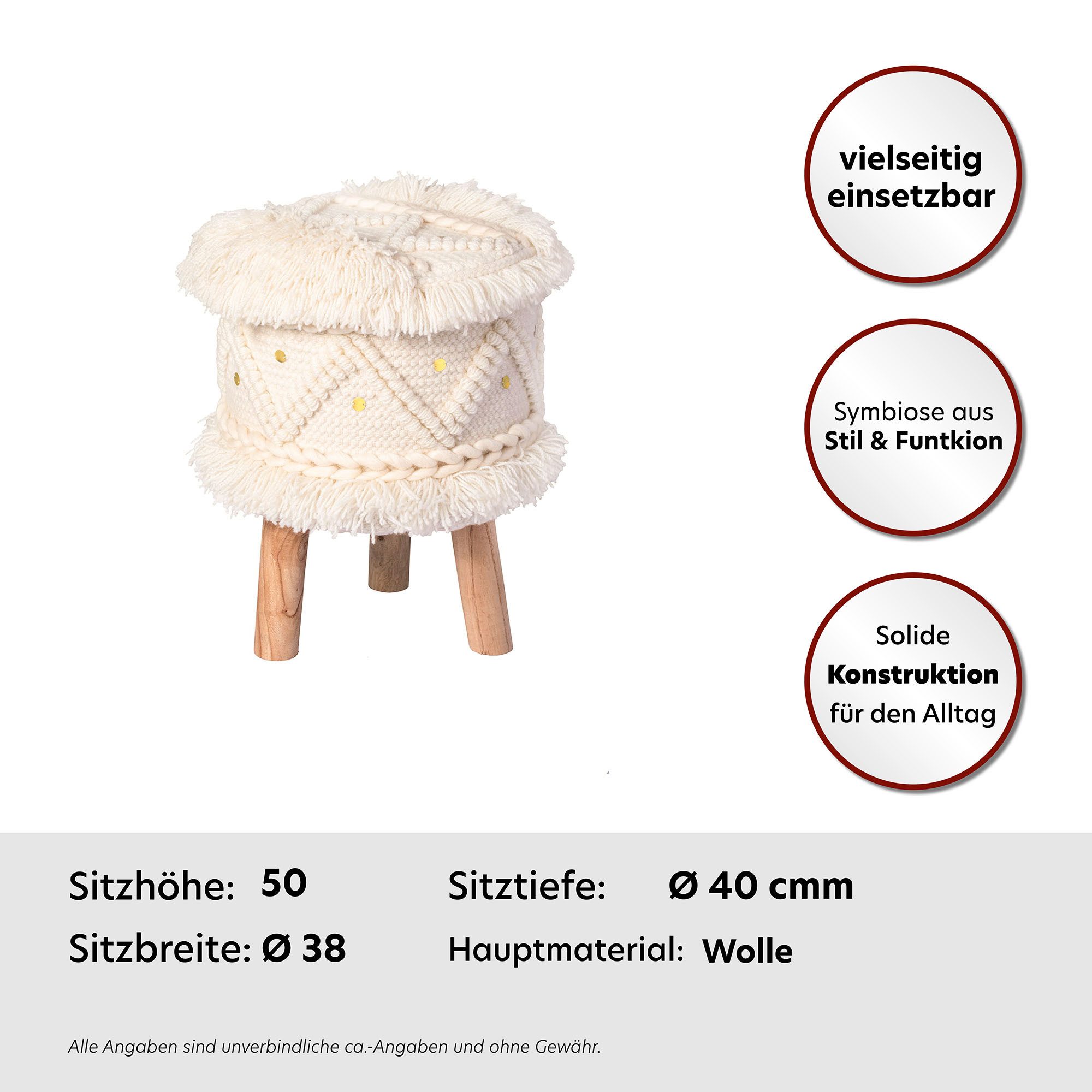Kayoom Zithocker Kruk Bohist 525, karakteristieke structuren met franjes en kwasten (1 stuk)