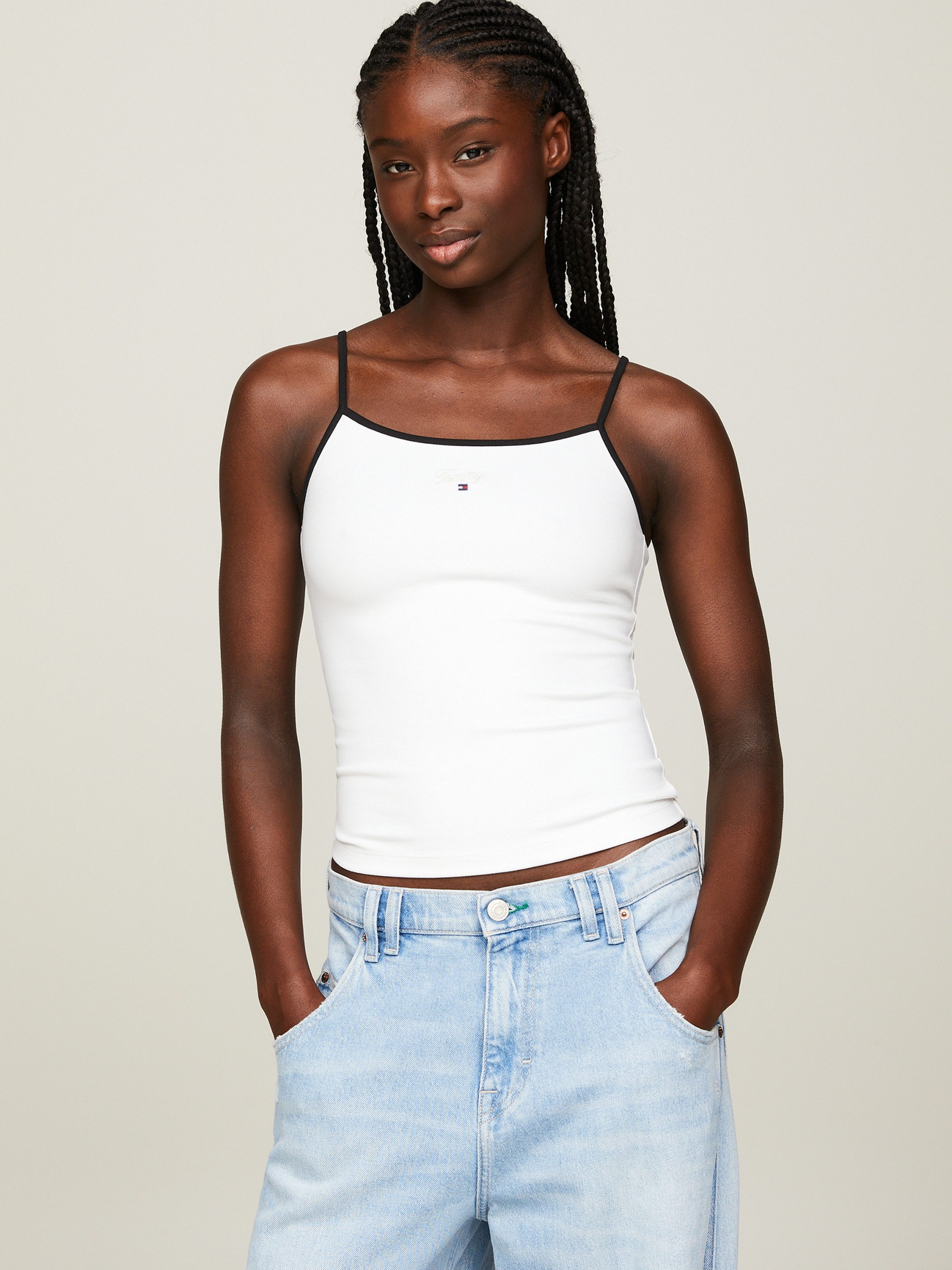 TOMMY JEANS Top met spaghettibandjes TJW SLIM SCRIPT BINDING TOP met -logo-opschrift