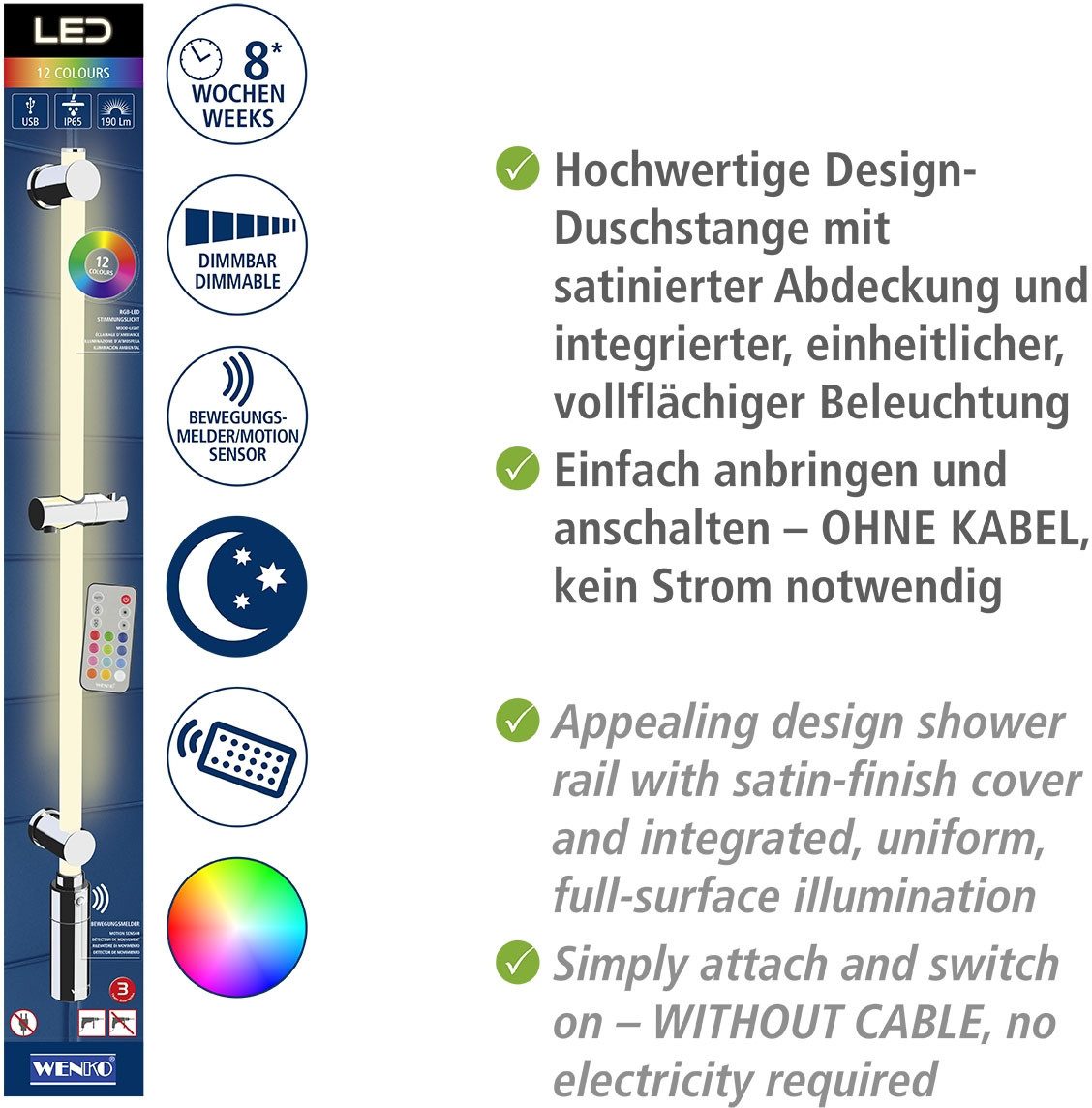 WENKO Douchestang met ledverlichting RGB-kleurwisseling en warmwit, inclusief oplaadbare eenheid