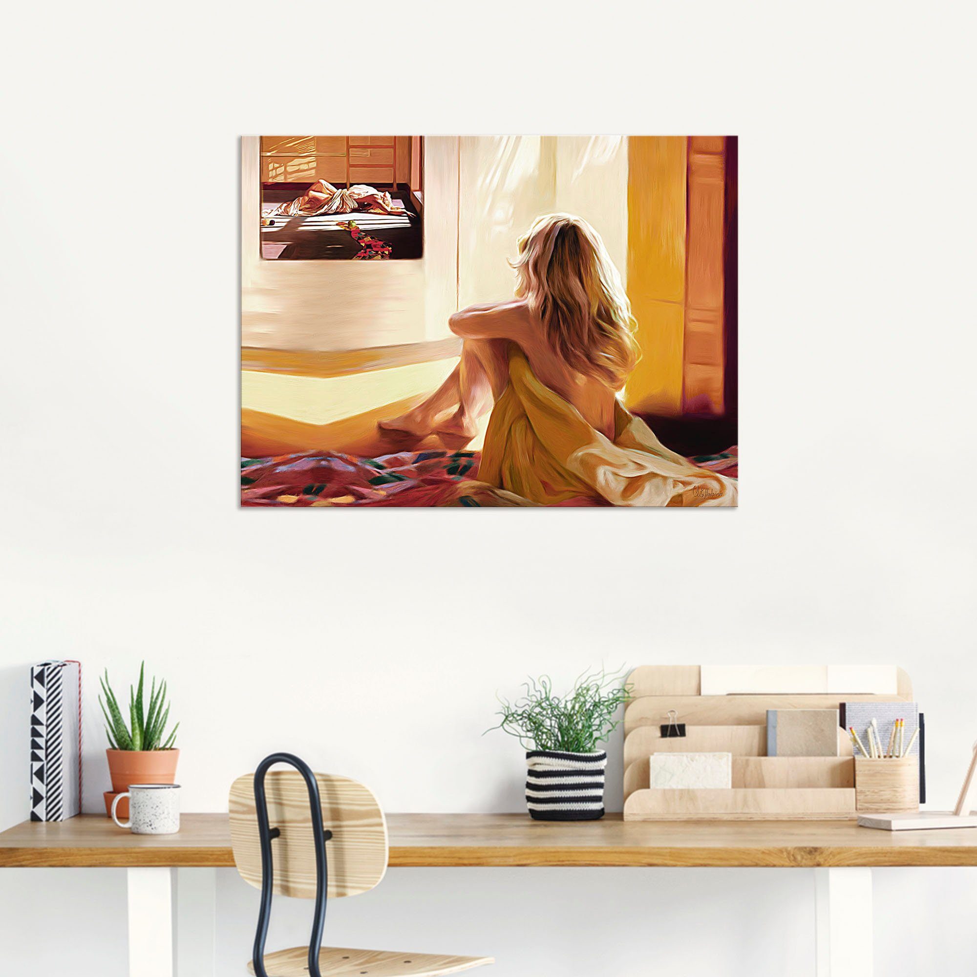 Artland Artprint Blond meisje zit op het bed als artprint van aluminium, artprint voor buiten, artprint op linnen in verschillende maten