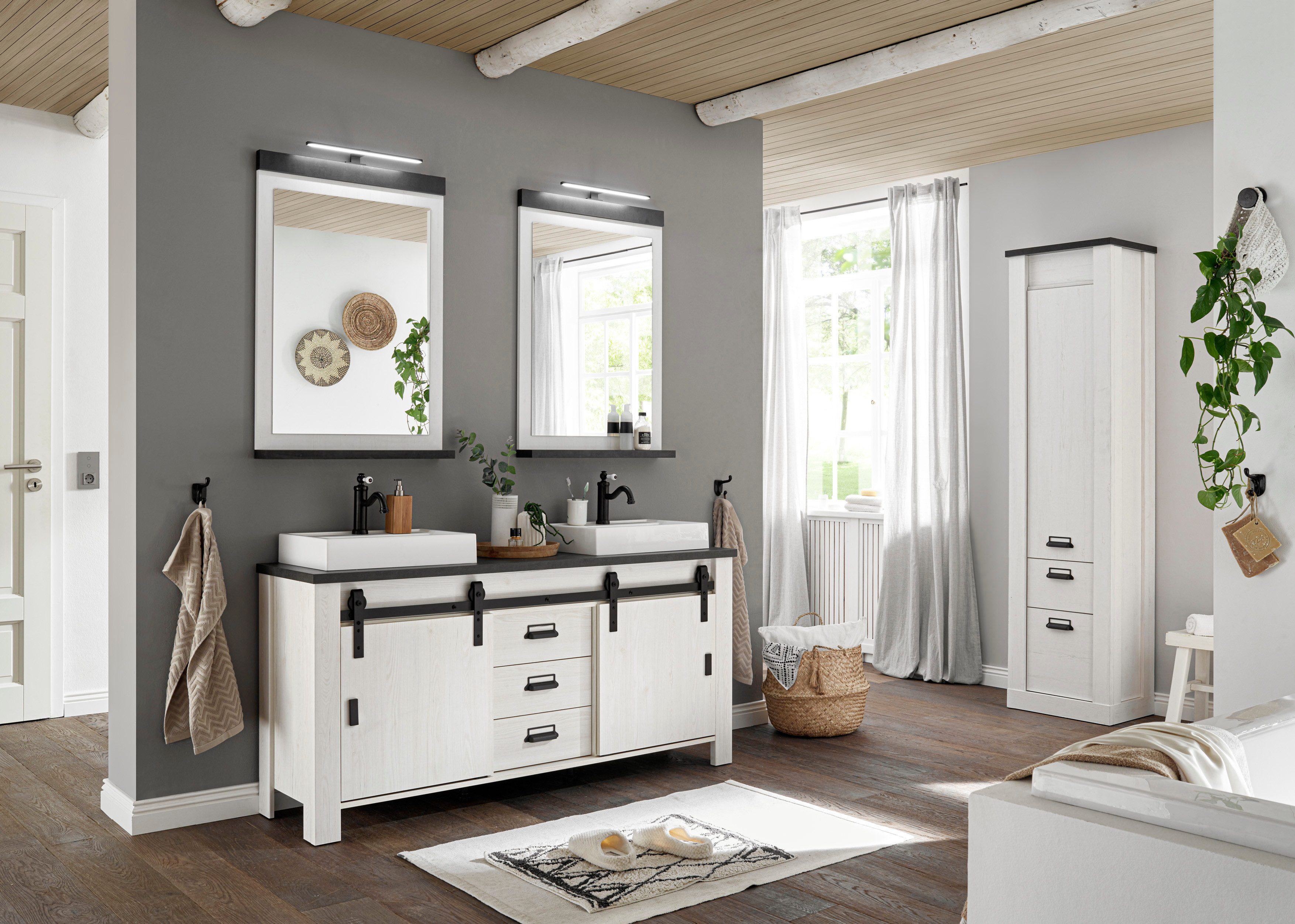 Home affaire Wastafelonderkast Sherwood Hout, schuurdeurbeslag en apothekersgrepen van metaal, hoogte 91 cm (1 stuk)