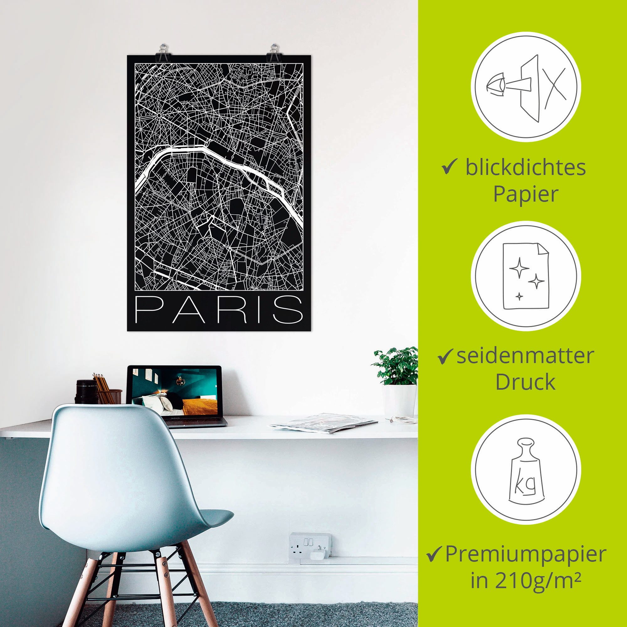 Artland Poster Retro kaart Parijs Frankrijk zwart als artprint van aluminium, artprint op linnen, muursticker of poster in verschillende maten